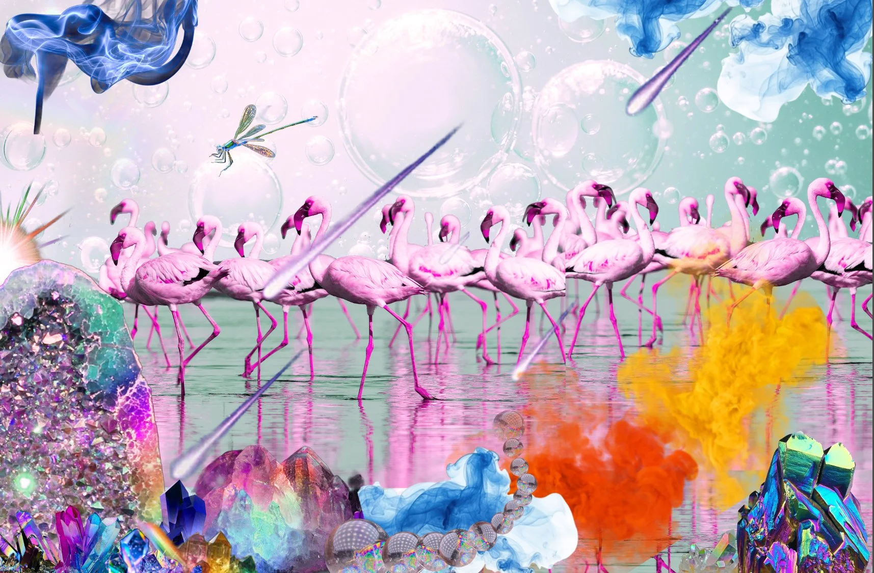 A surreal digital artwork featuring a group of pink flamingos standing in water, surrounded by floating crystals, colorful smoke, and various abstract elements such as a dragonfly, bubbles, and metallic objects with a pastel-colored sky.