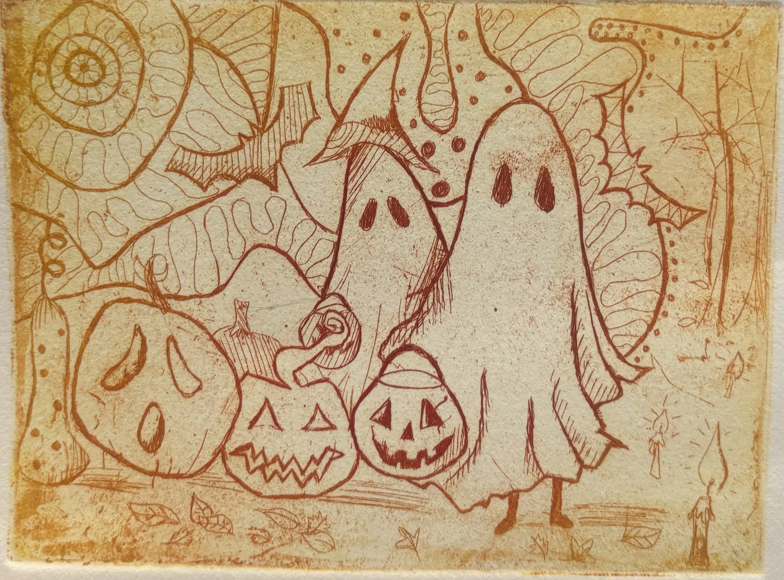 A detailed Halloween-themed drawing featuring carved pumpkins, bats, a ghost, and various abstract and decorative elements in orange ink.