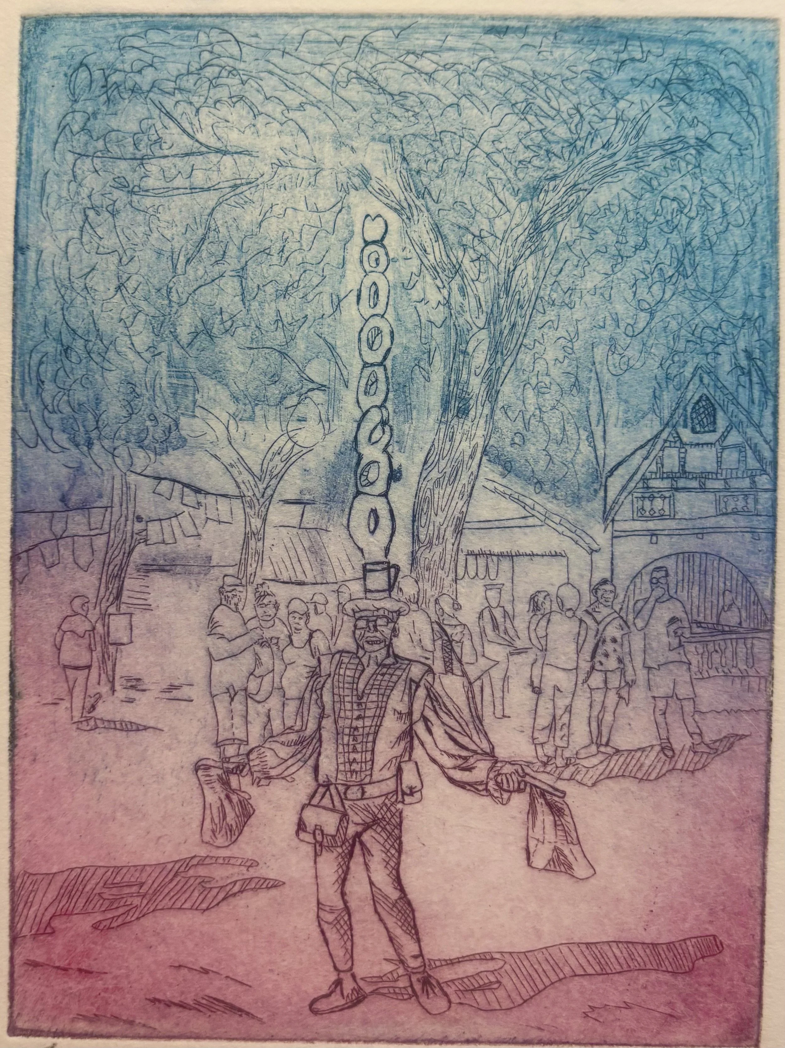Line drawing of a woman standing outdoors in front of two large trees with a house in the background. The woman is in a patterned dress, and there are several people and objects around her, including a fountain and a small crowd, suggesting a village