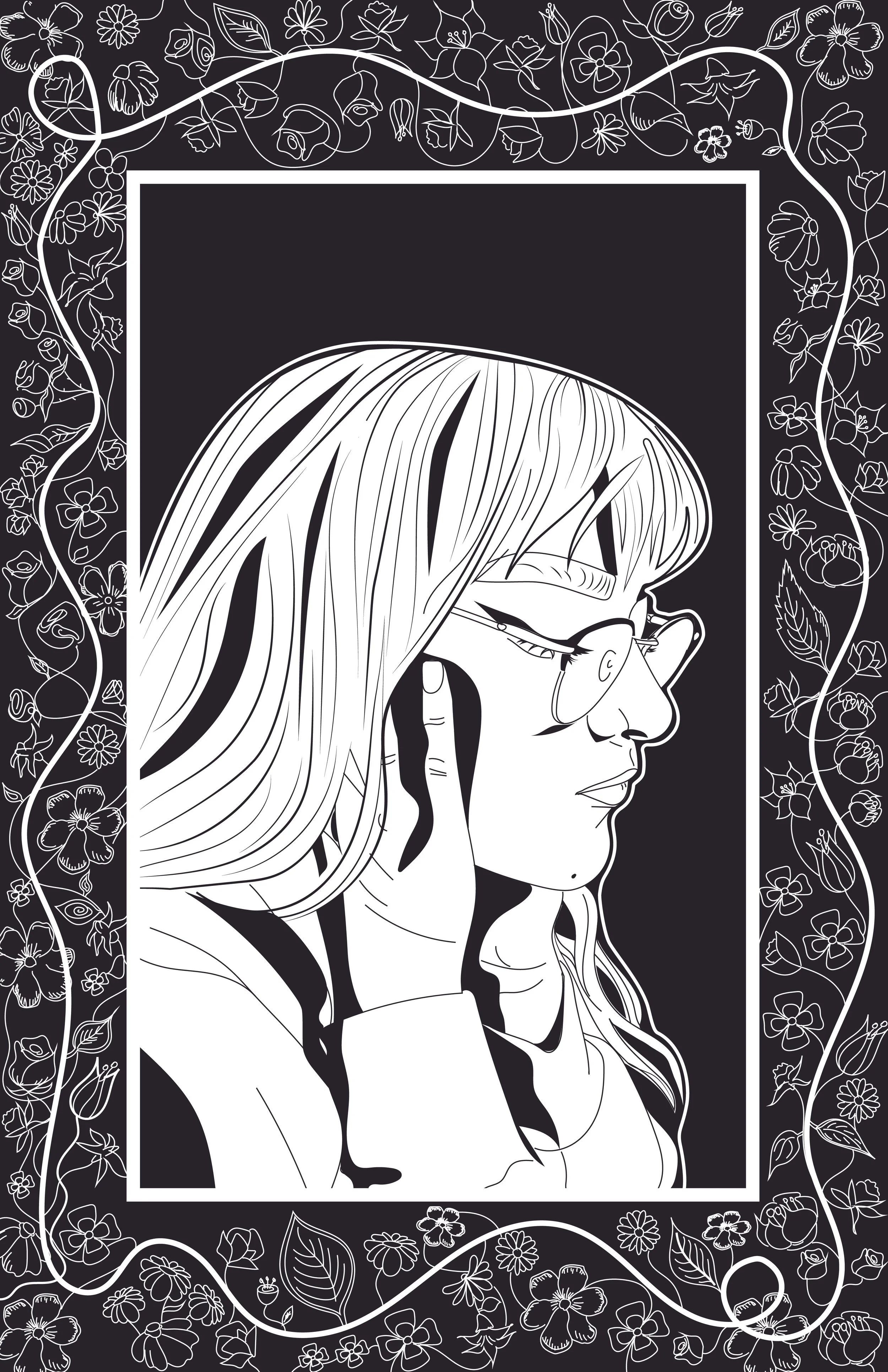 Black and white line art of a woman with glasses, with floral border design.
