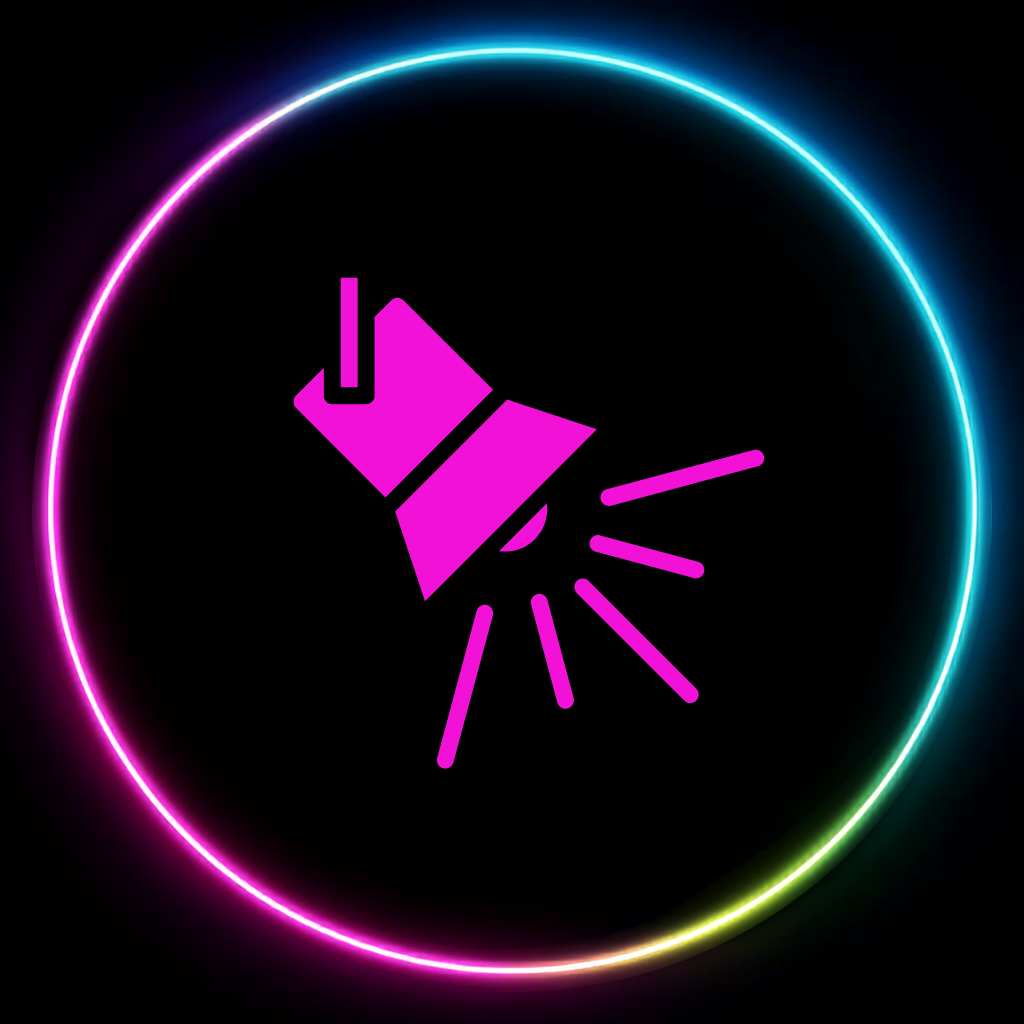 Neon sign of a purple flashlight shining light, surrounded by a multicolored circular glow.