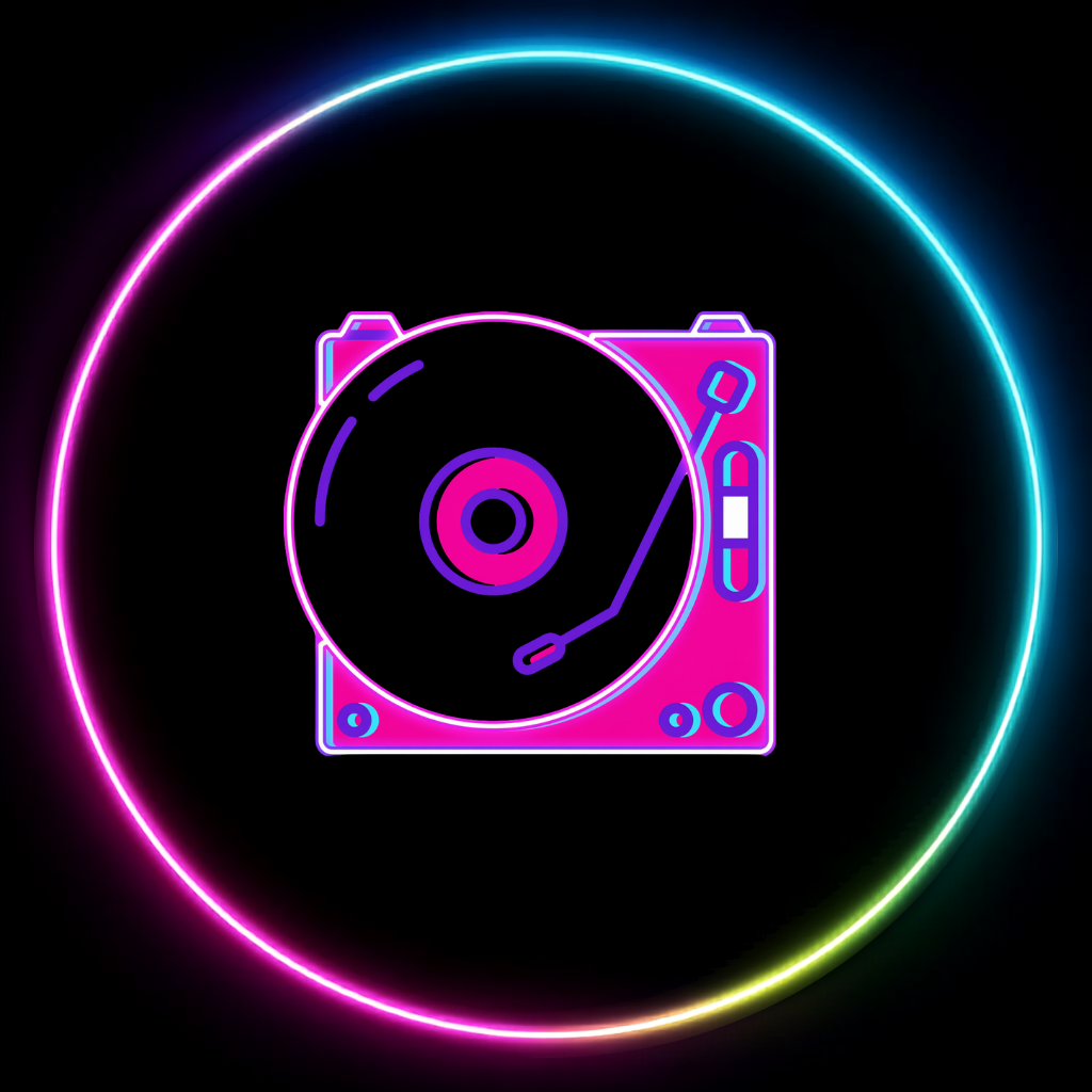 Neon outline of a DJ turntable symbol surrounded by a multicolored glowing circle.