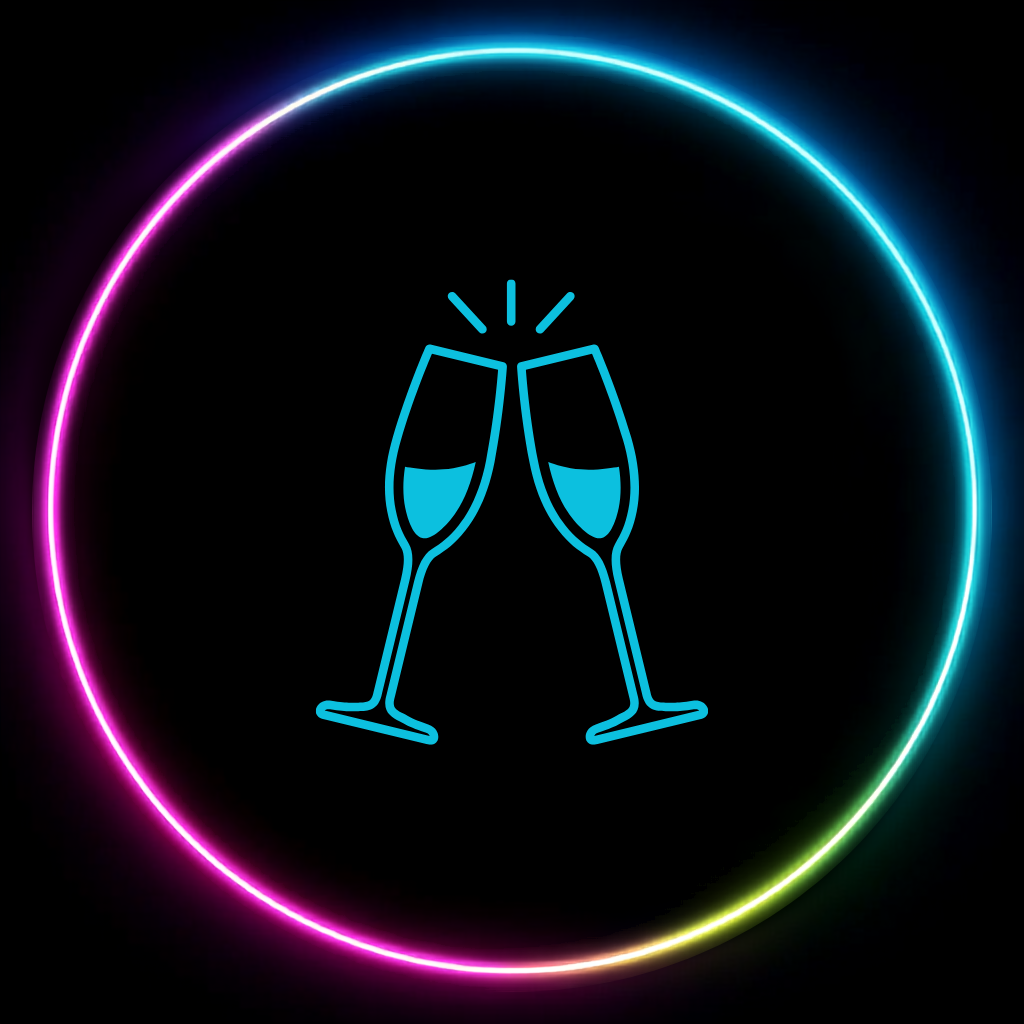 Neon illustration of two champagne glasses clinking with a colorful glowing circular border.