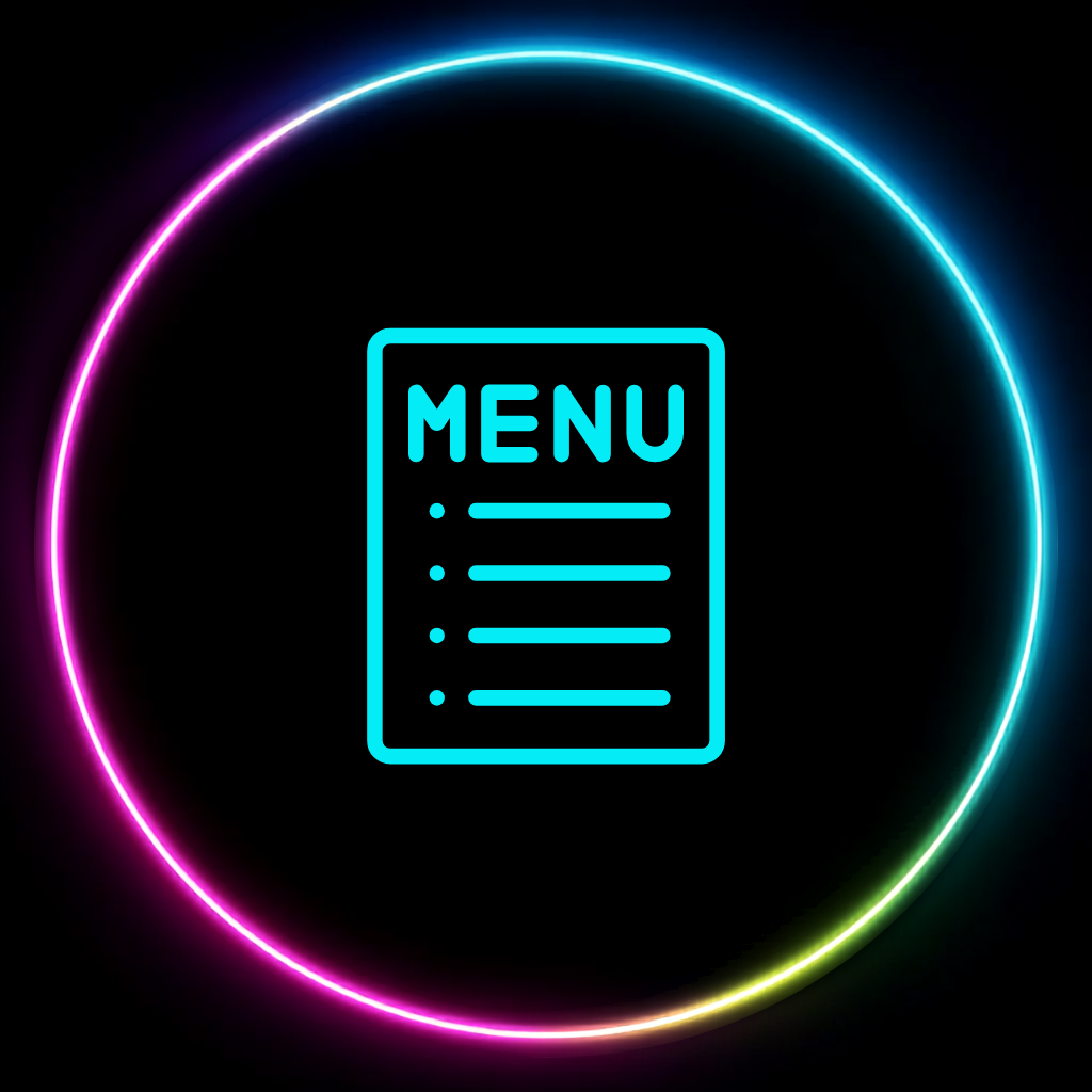 Neon blue menu icon with a list inside a circle with rainbow glow.