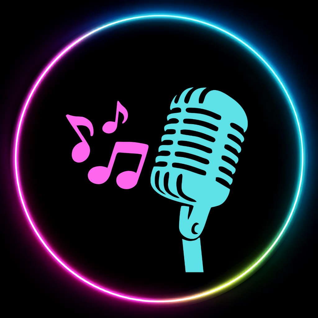 Neon microphone with music notes and a circular neon glow