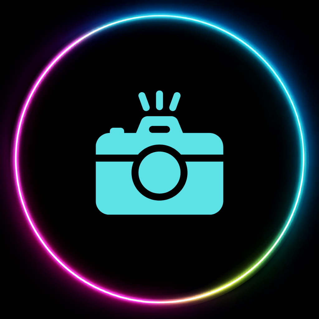 Camera icon with police siren lights around the border on a black background.