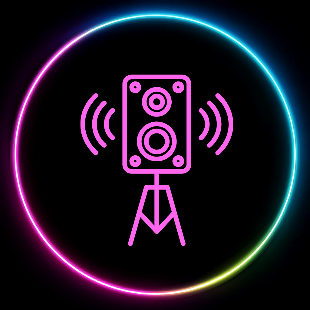 Neon outline of a speaker on a stand emitting sound waves, surrounded by a colorful glow.