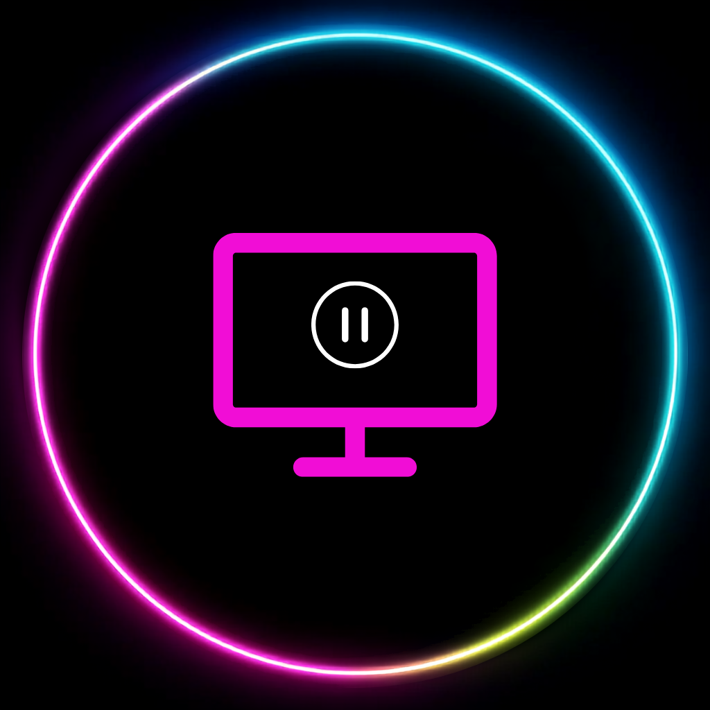 Neon outline circle with a computer monitor icon displaying a pause symbol at the center