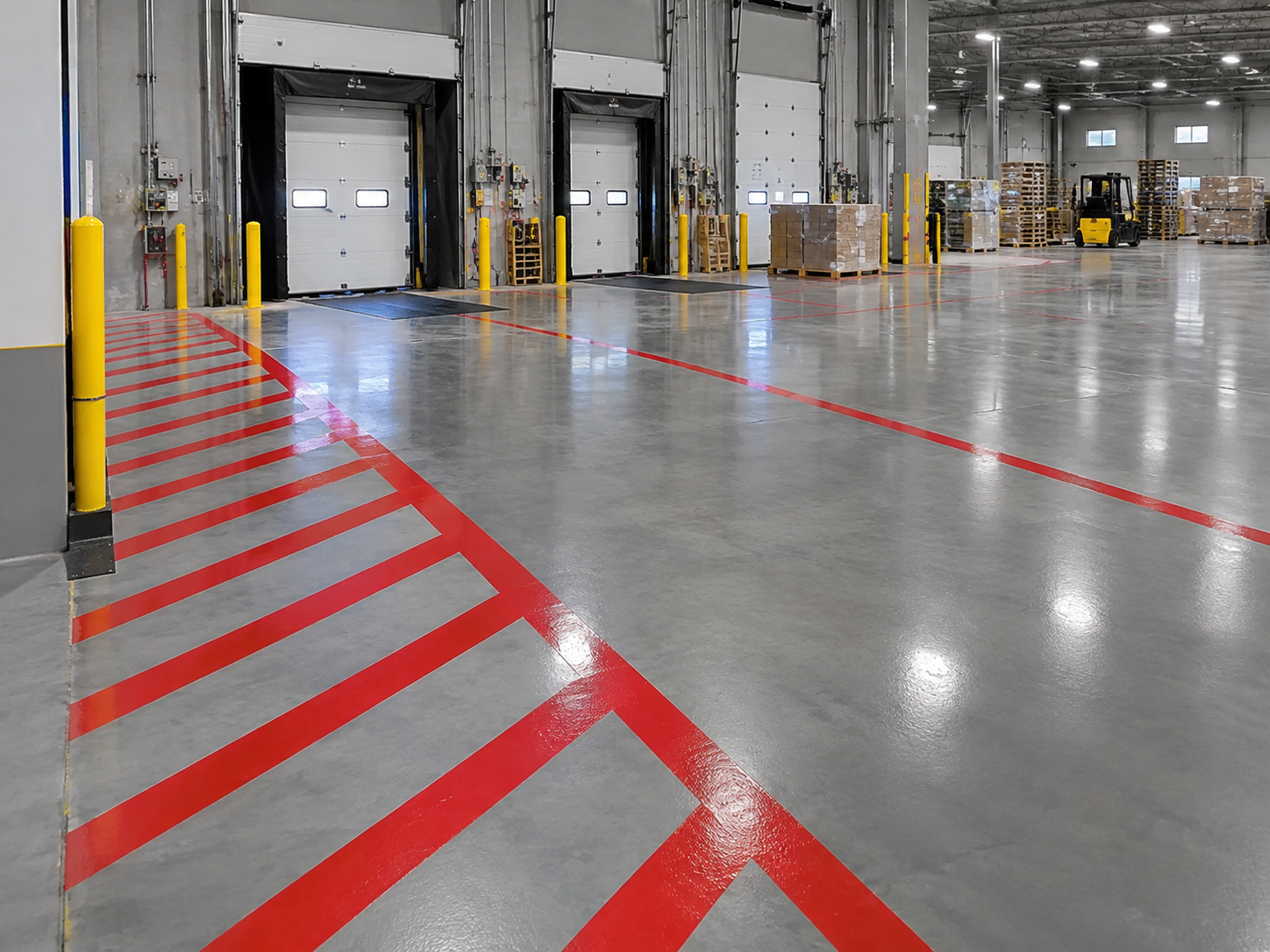 Interior of a warehouse with three loading dock doors, yellow safety posts, pallets of goods, and a forklift in the background.