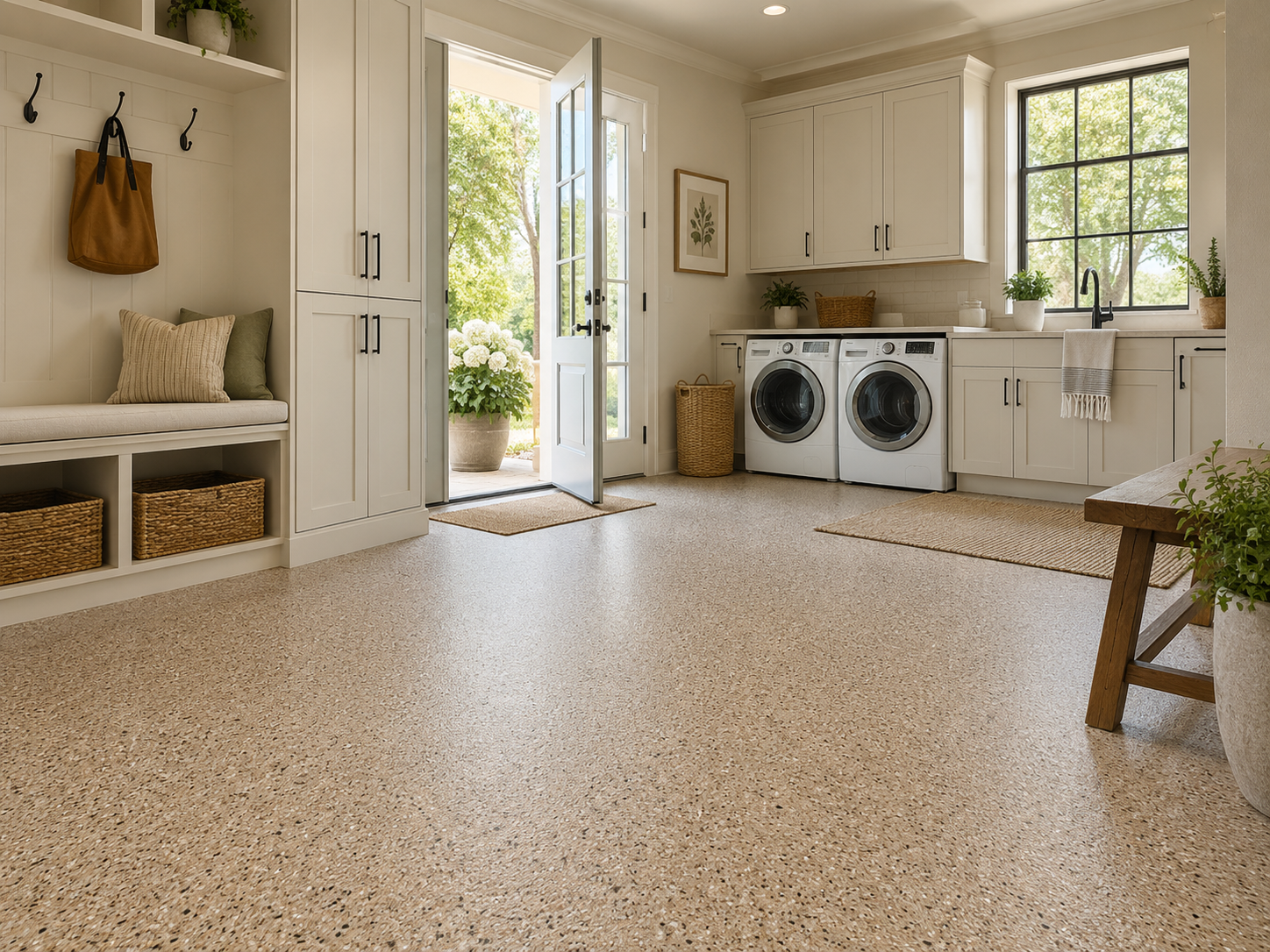 Bright laundry room with white cabinetry, a window, a door leading outside, a washer and dryer, and laundry baskets, with green plants and natural decor.