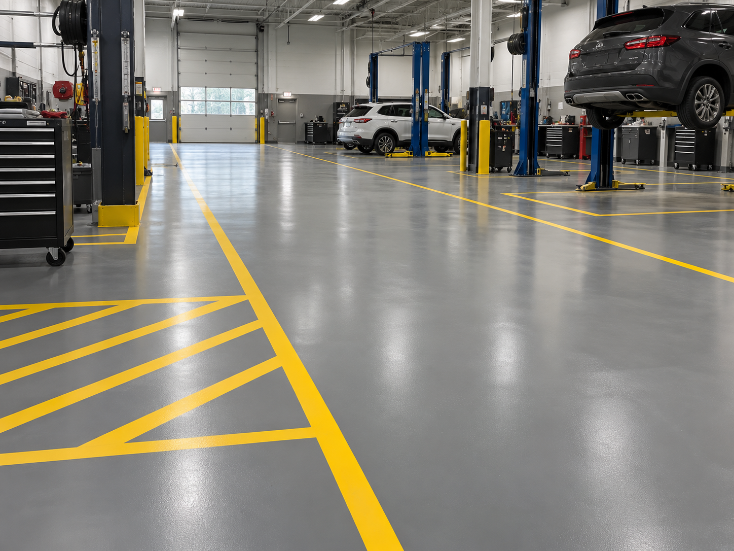 Empty automotive service garage with yellow parking lines and four vehicles on lifts.