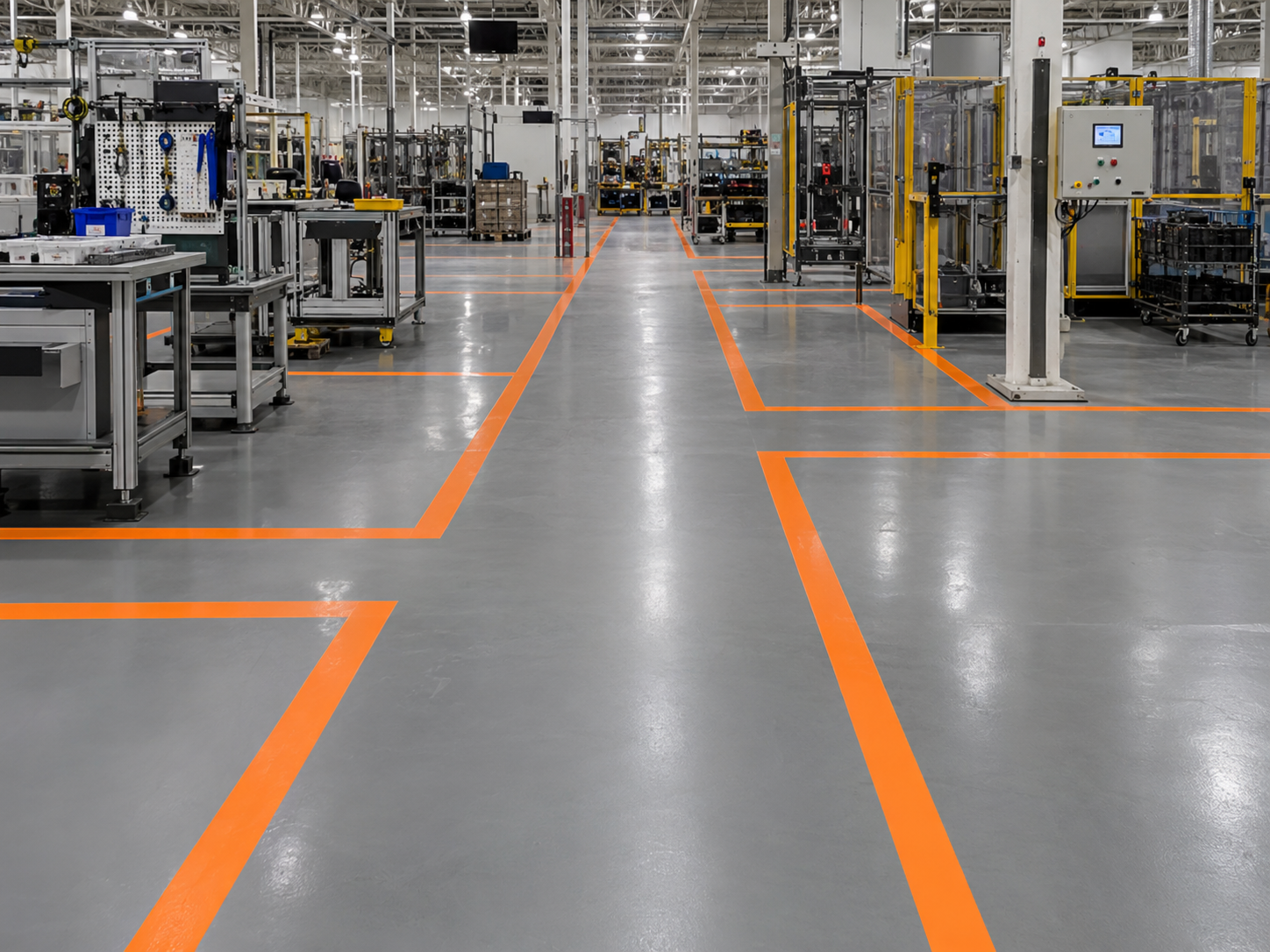 Empty industrial manufacturing or assembly plant with organized workstations and pathways marked by orange lines.