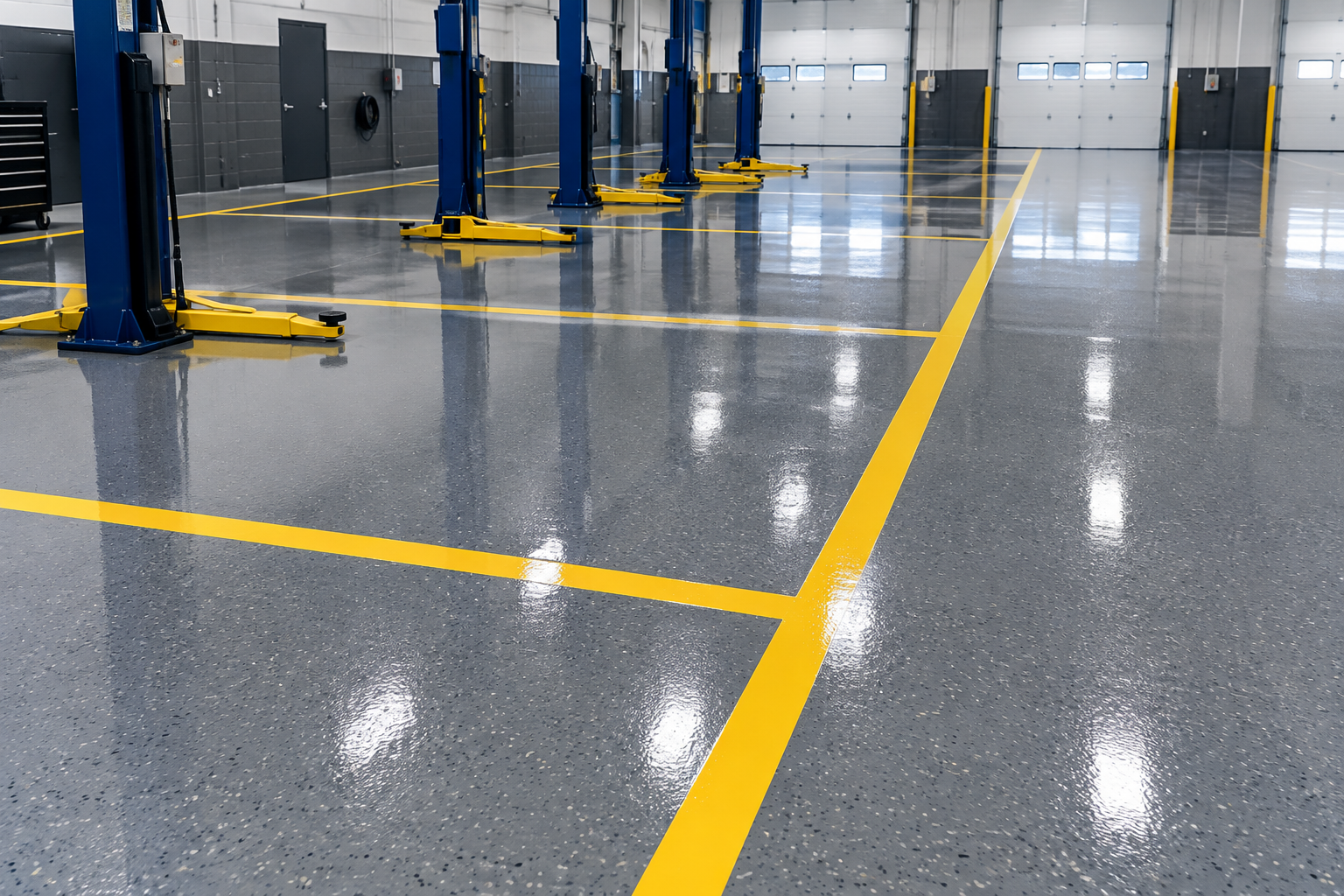 Empty automotive service bays with yellow lines on a polished, epoxy-coated concrete floor and blue vehicle lifts in a spacious, well-lit garage.