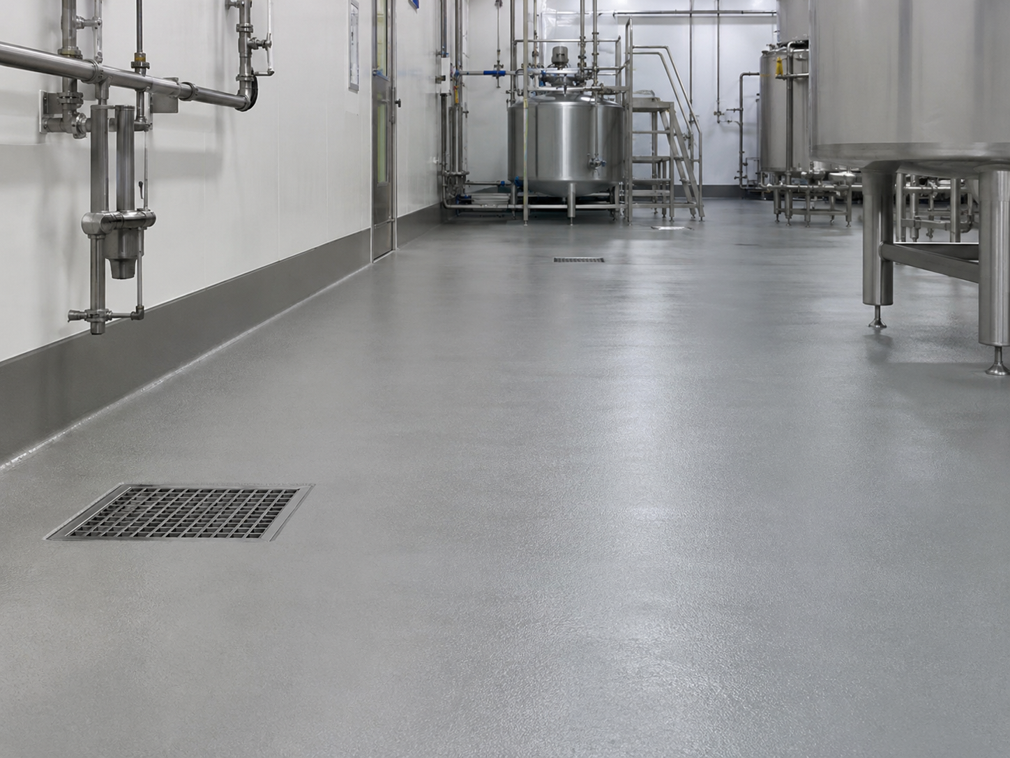 Clean industrial kitchen or food processing area with stainless steel equipment and a gray textured floor.