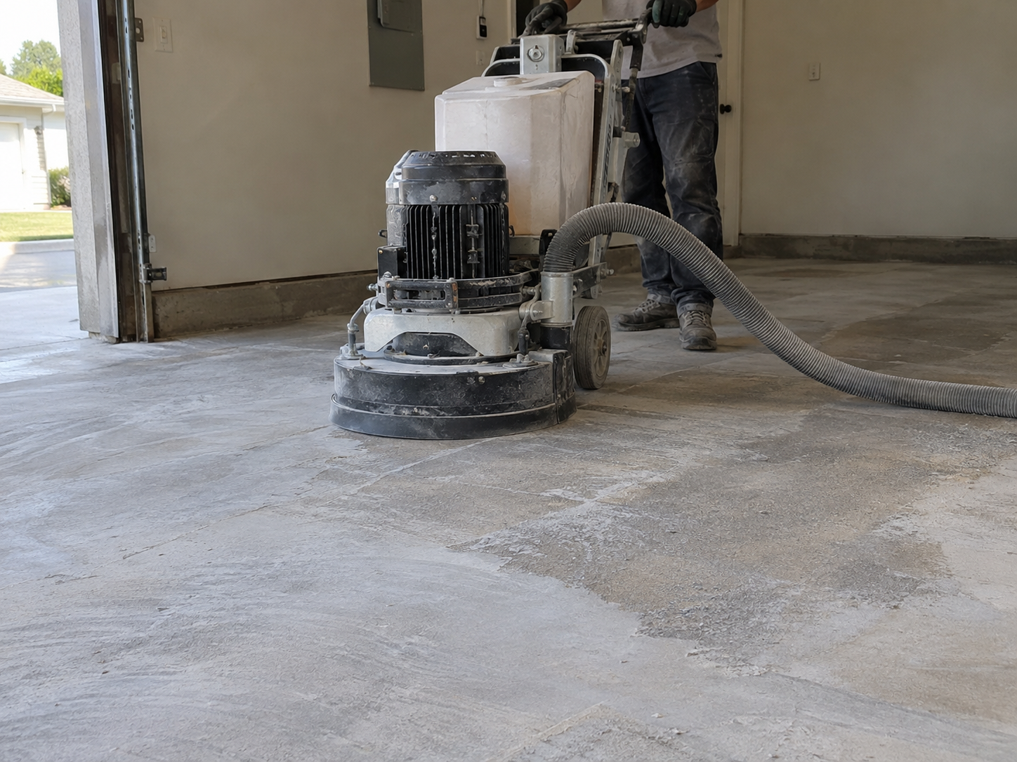 A person operating a concrete floor grinder in a garage.