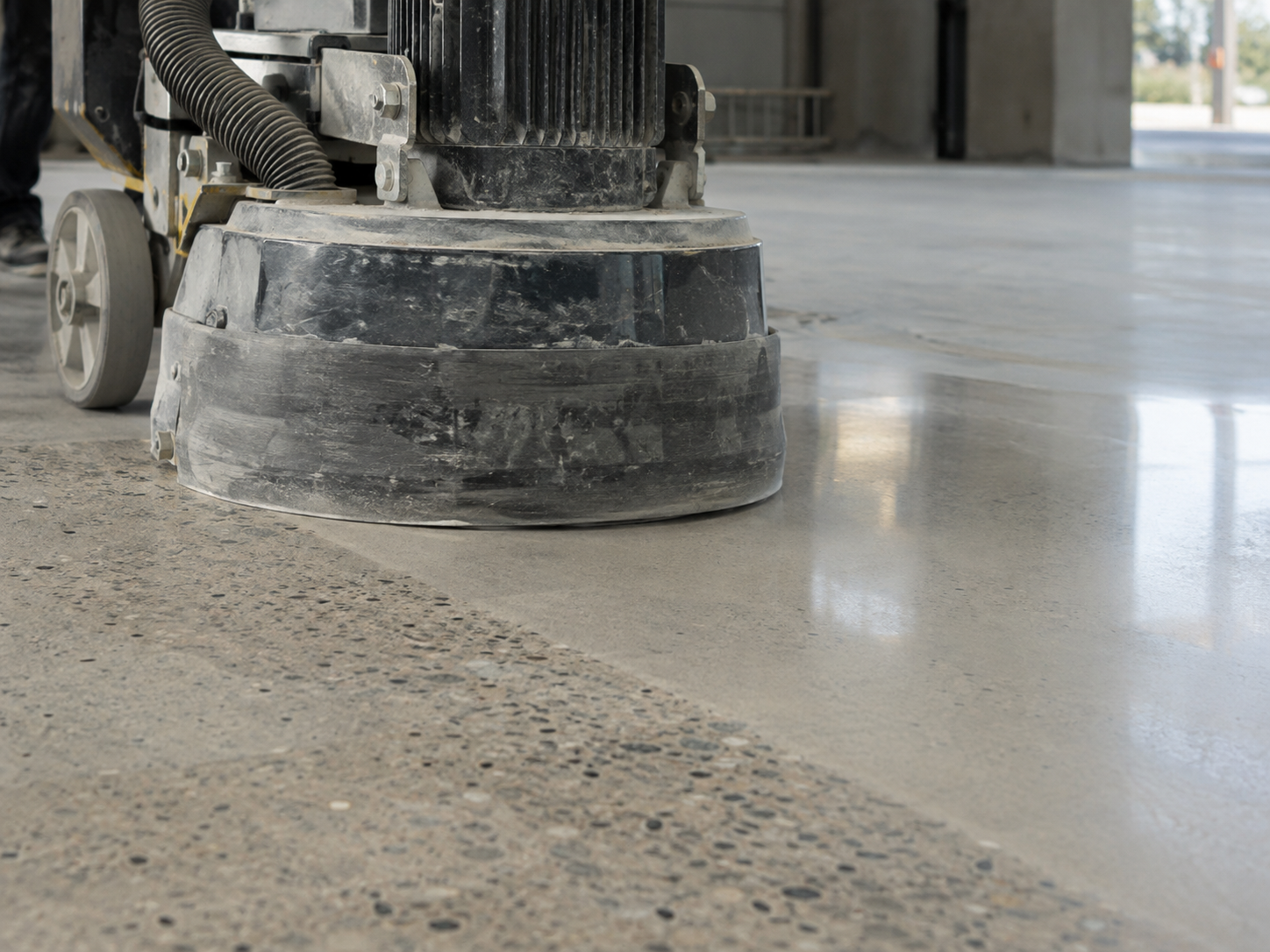 Close-up of a commercial concrete floor grinding and polishing machine smoothing a concrete surface in a construction site.
