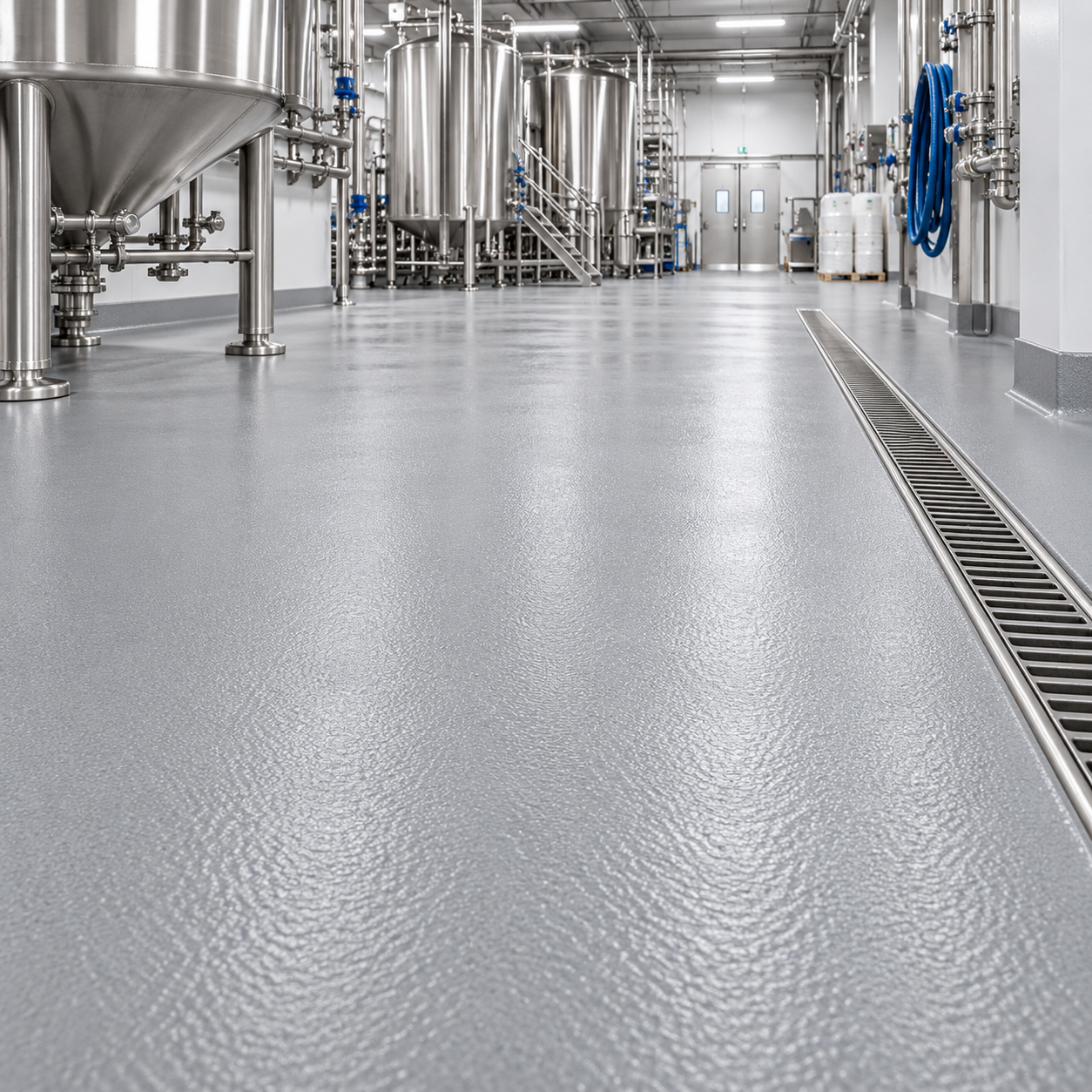 Empty industrial cleanroom or brewery with stainless steel tanks, pipes, and blue hoses, featuring a drain grate on a gray textured floor.