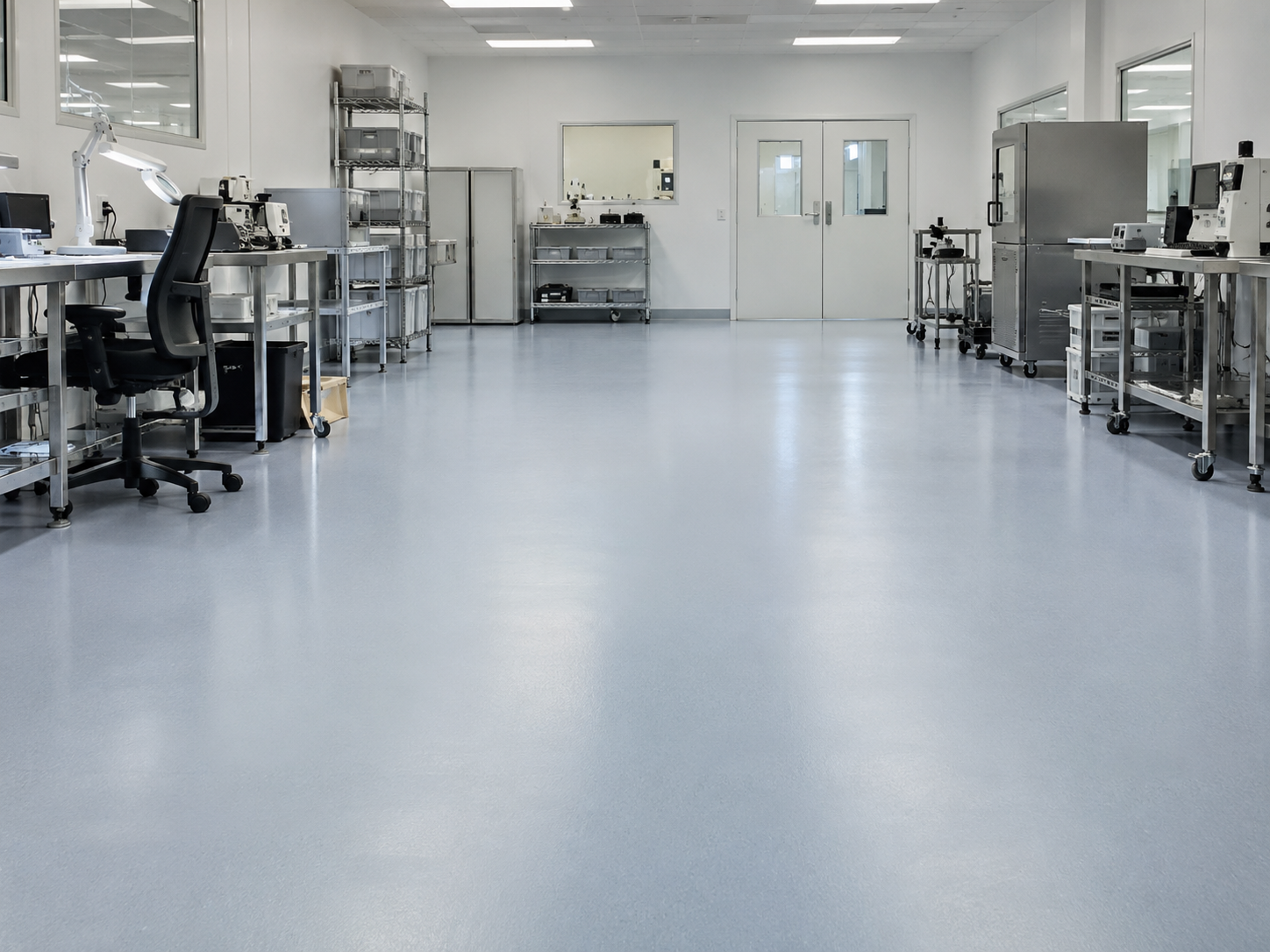 Empty laboratory with stainless steel tables, shelves, and scientific equipment in a clean, well-lit room.