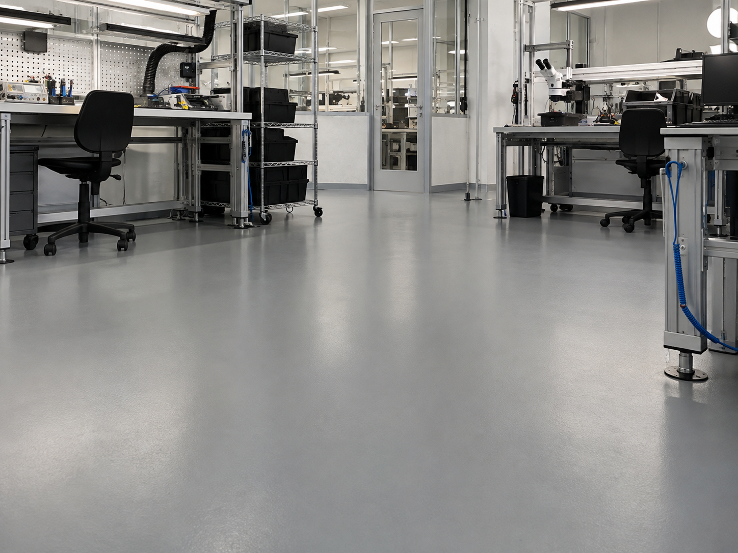 Empty electronic laboratory with workbenches, chairs, microscopes, and technical equipment in a clean, well-lit space.