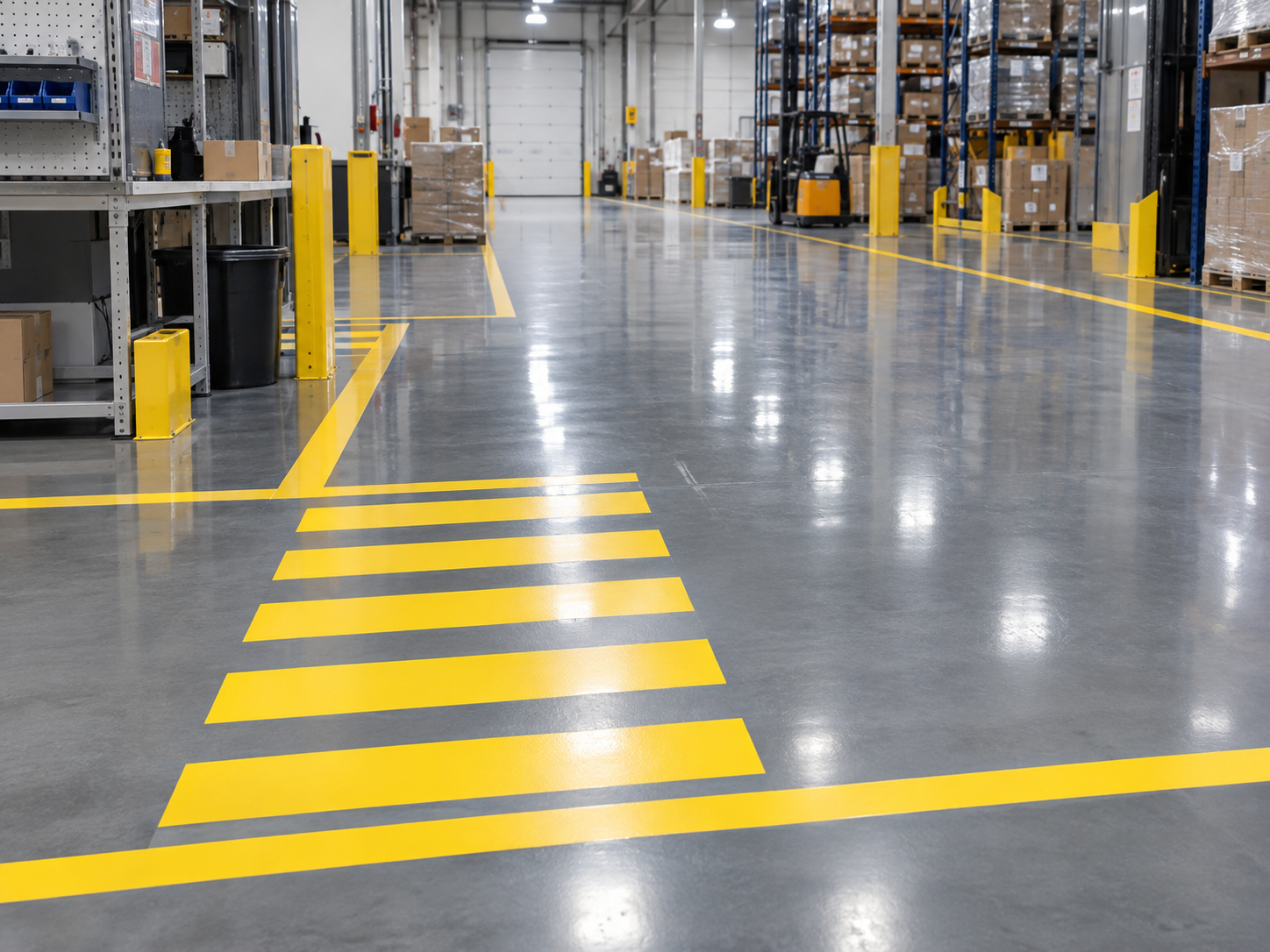 Empty warehouse aisle with yellow safety lines and forklift in the background.