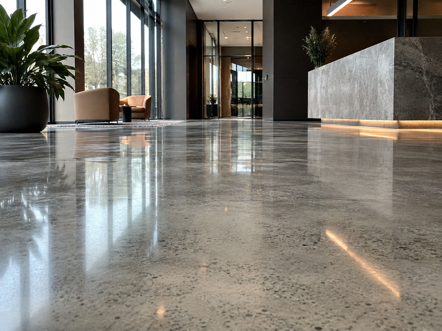 Modern hotel lobby with polished concrete floor, large windows, beige seating area, and minimalistic decor.