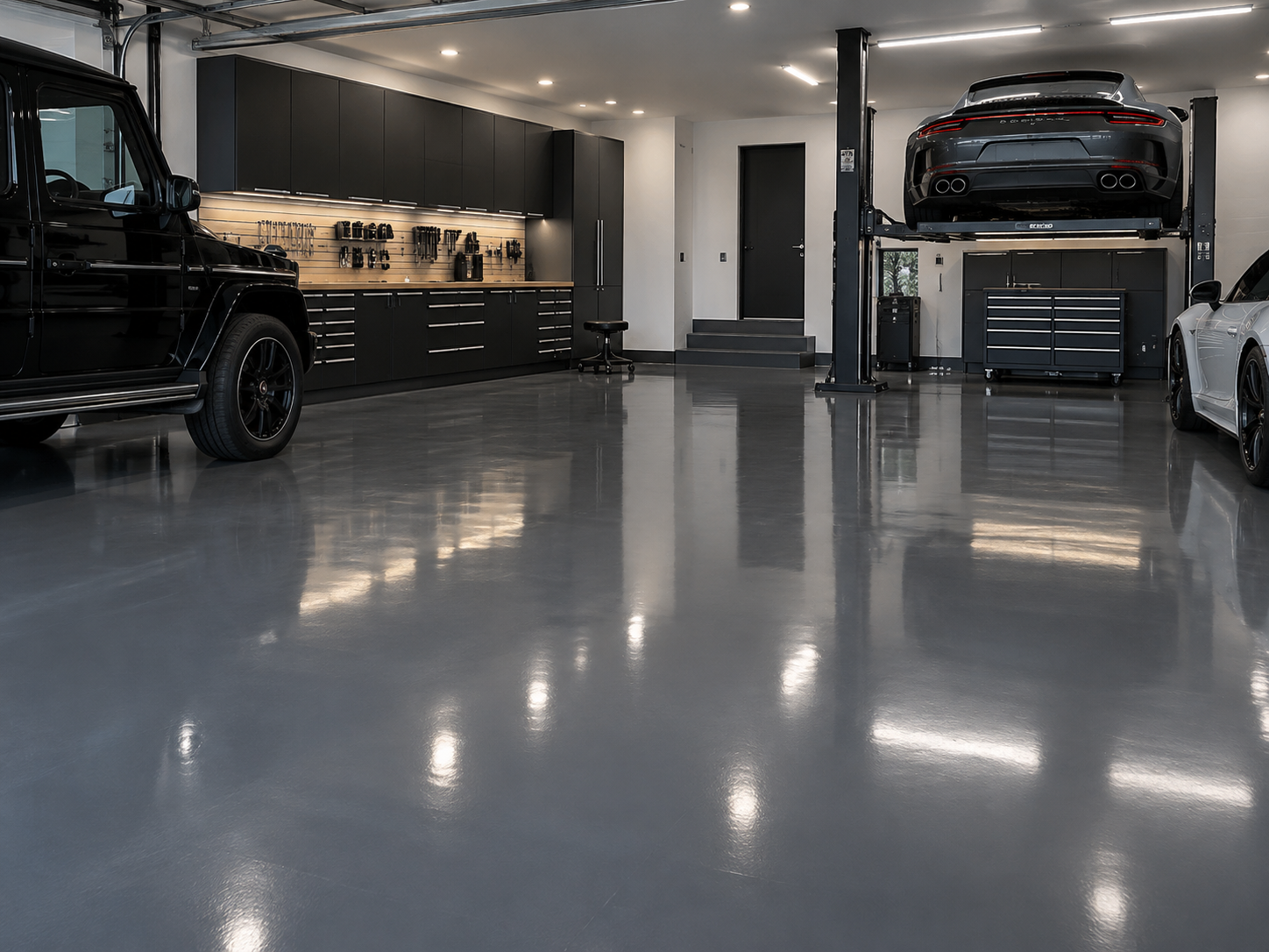 Clean, organized garage with two luxury cars, one black on the left and one gray on the right, a car lift with a black sports car above, and black cabinets with tools on the wall.