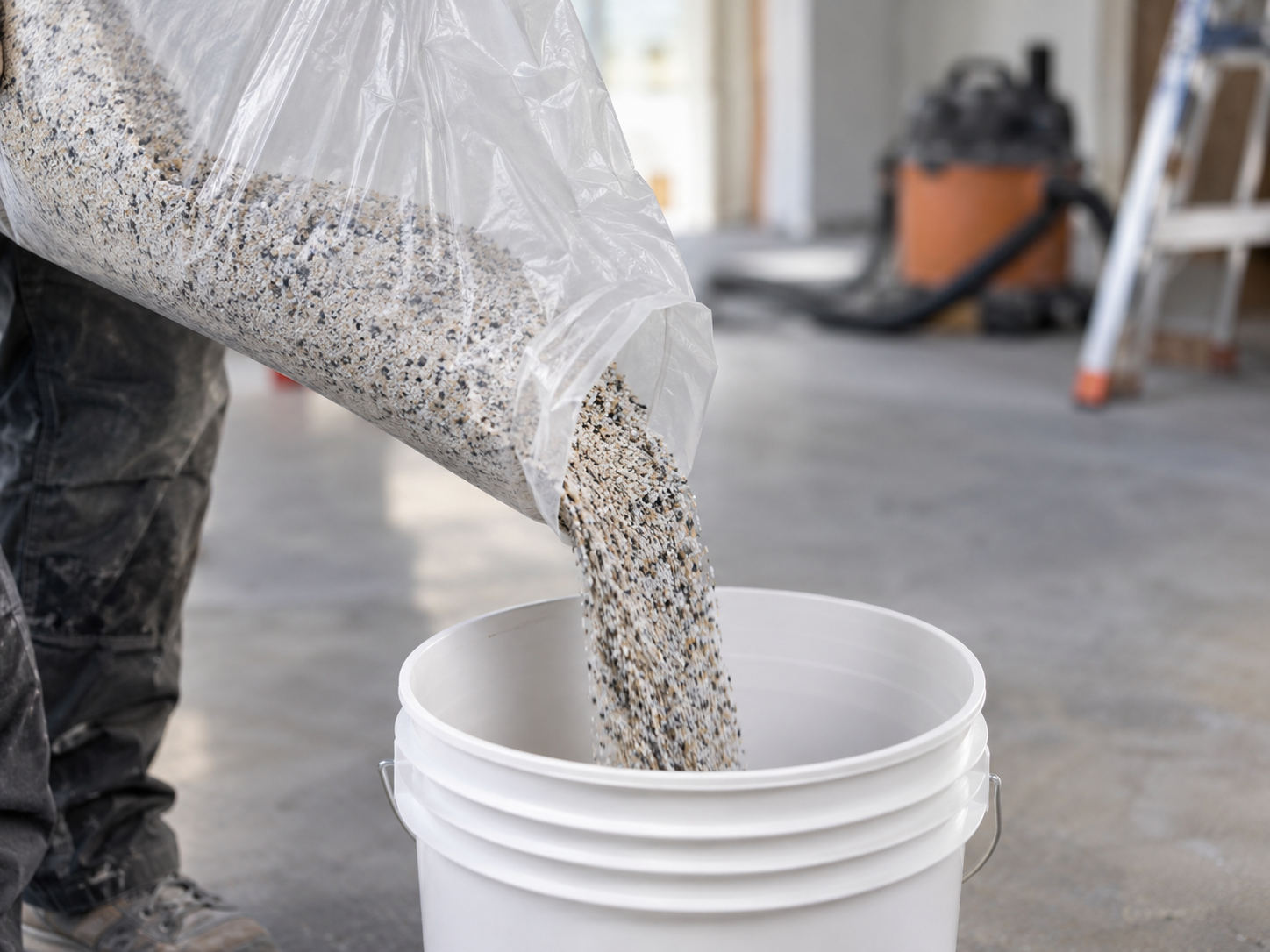 Person pouring a large bag of mixed small stones or gravel into a white bucket in a construction or renovation site.