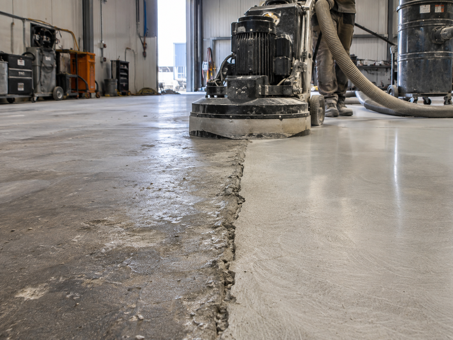 A worker uses a floor grinder to smooth the surface of a concrete floor in an industrial space, with part of the floor still rough and unfinished.