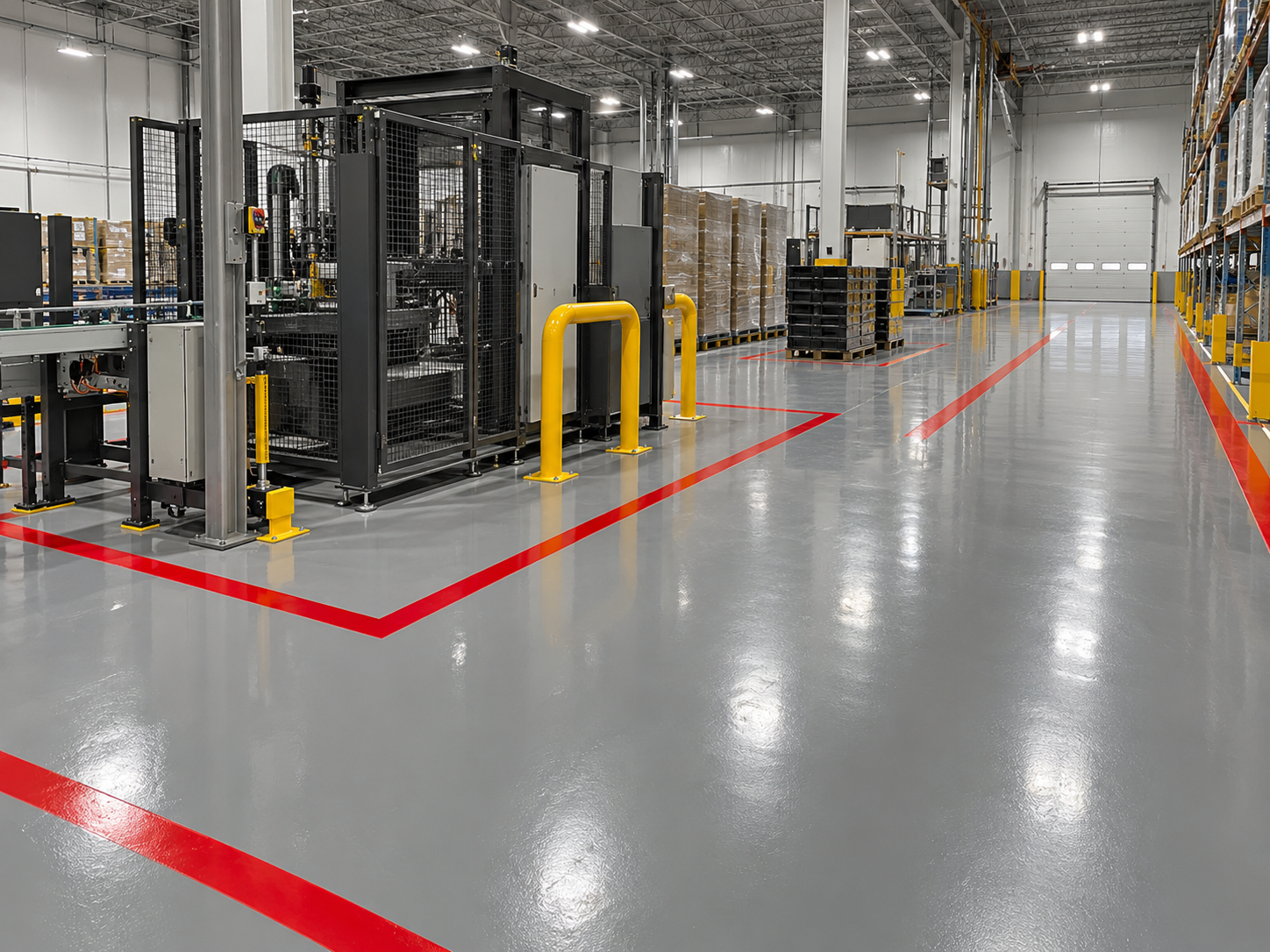 Interior of a warehouse with a polished gray floor, yellow safety barriers, shelves stocked with pallets on the right, and industrial equipment on the left, leading to a garage door at the back.