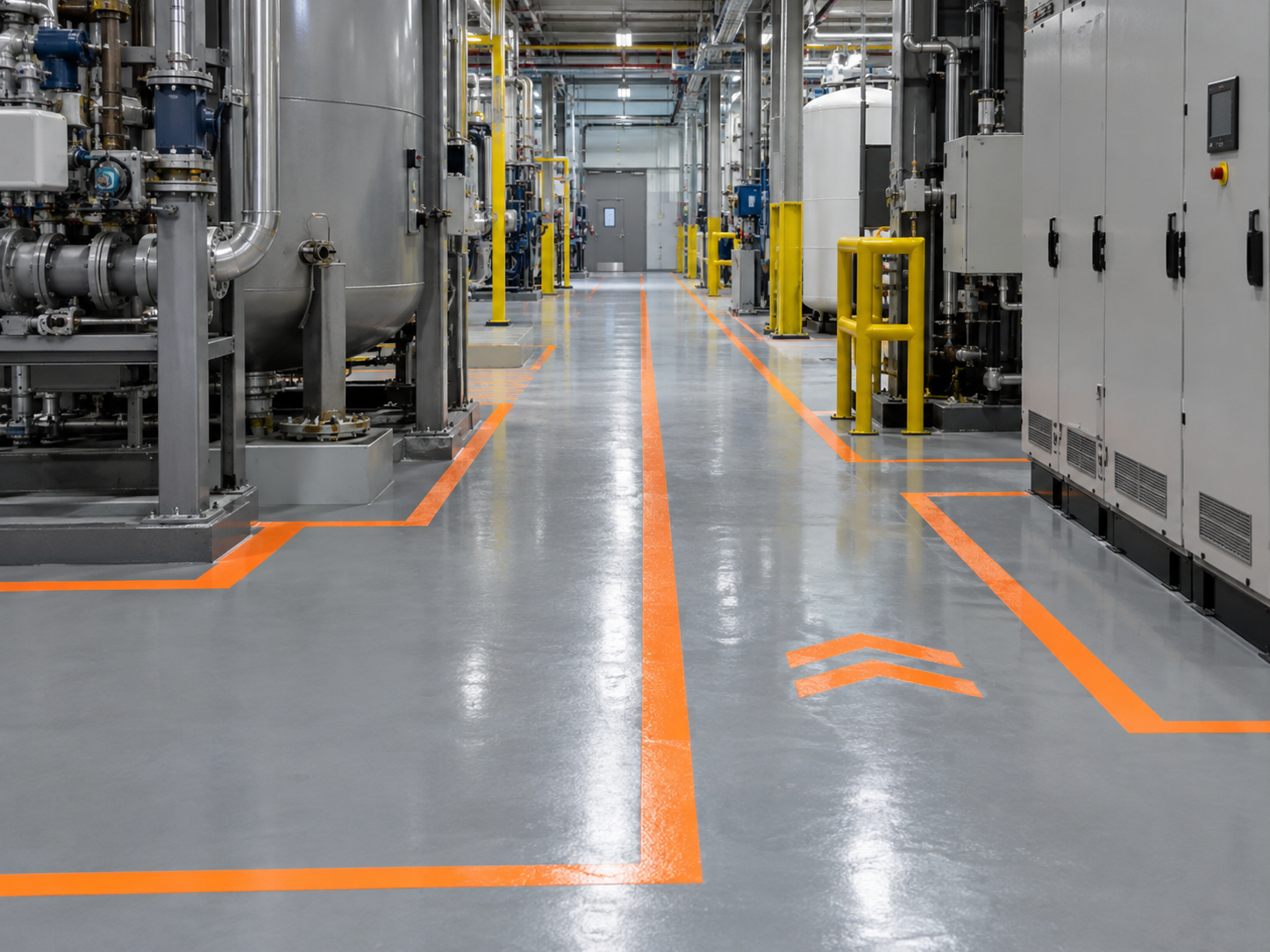 Clean industrial facility with large machinery, pipes, and yellow safety barriers, marked with orange lines and arrows on the floor for walkways and safety zones.