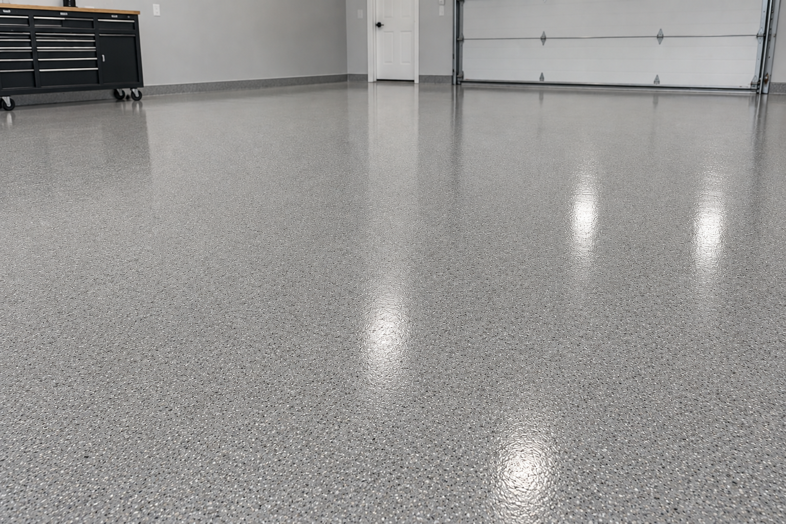 Empty garage with a quartz sand broadcasted textured epoxy floor, a vertical garage door, a white door, and a workbench with drawers on the left side.