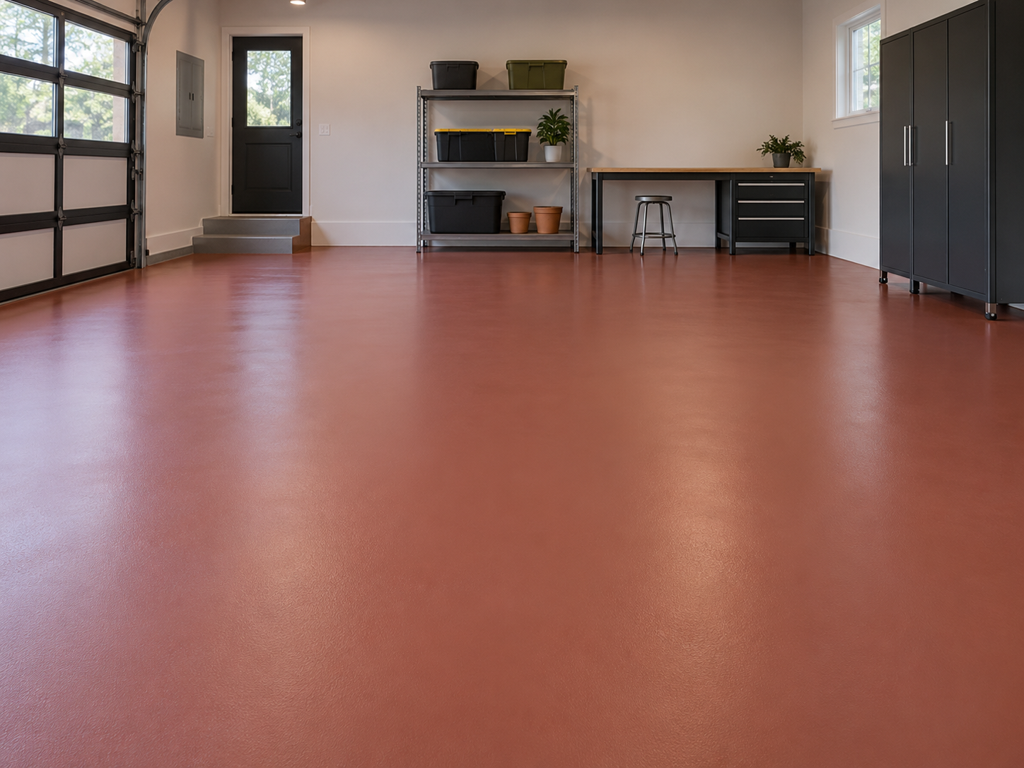 Empty garage with a red epoxy floor, black storage cabinets, a metal shelving unit with storage bins and plants, a workbench, and a black door with steps leading to the entrance.