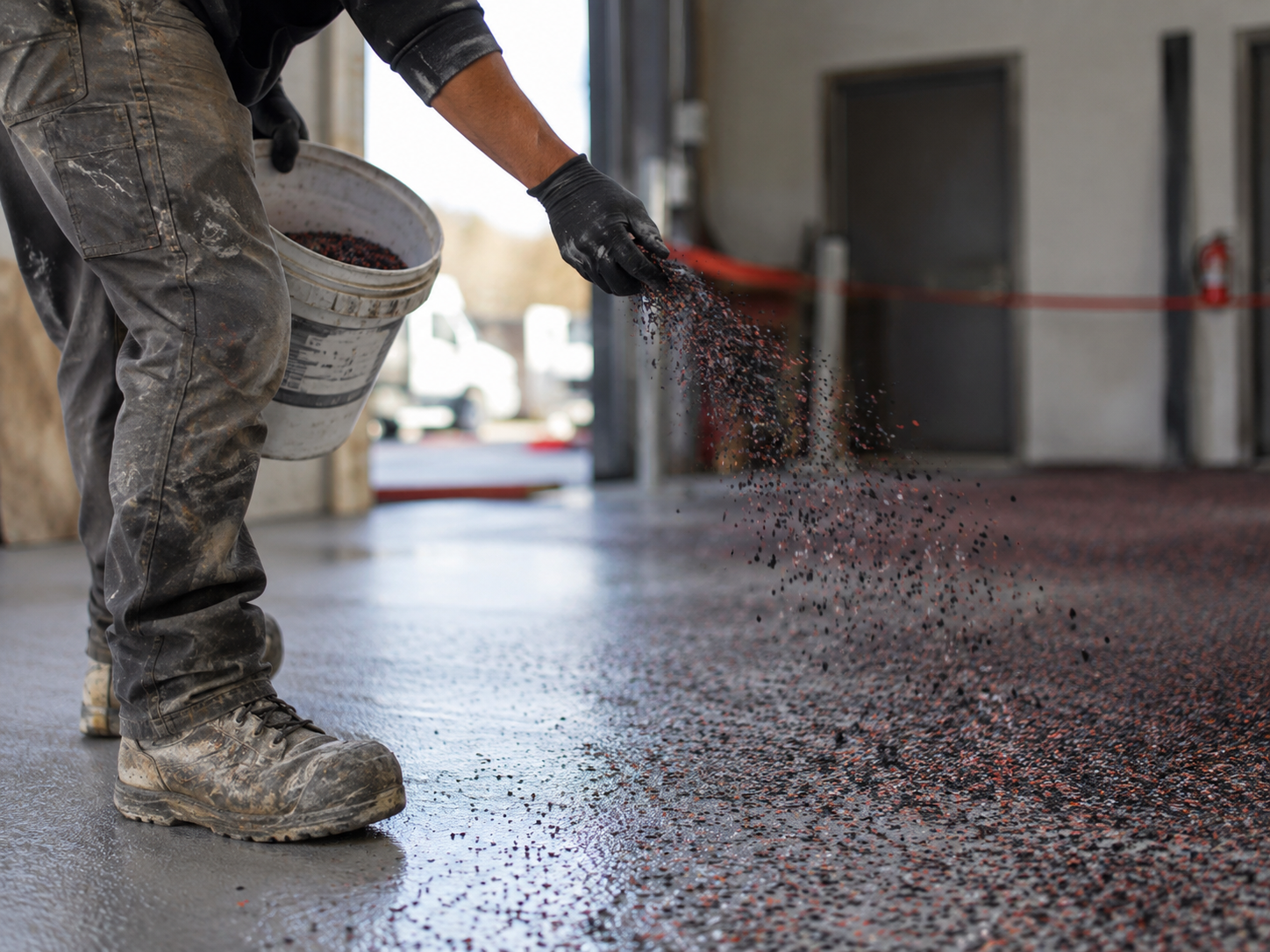 A person wearing work boots and black gloves is pouring small red and black gravel onto a wet concrete floor inside a building.