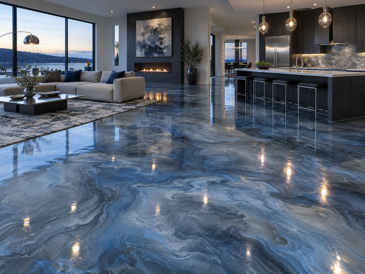 Modern living room with blue marbled polished concrete floor, beige sectional sofa with dark blue pillows, black coffee table, abstract wall art above fireplace, large windows showing a waterfront view, and a dark kitchen area with a marble backsplash and pendant lights.