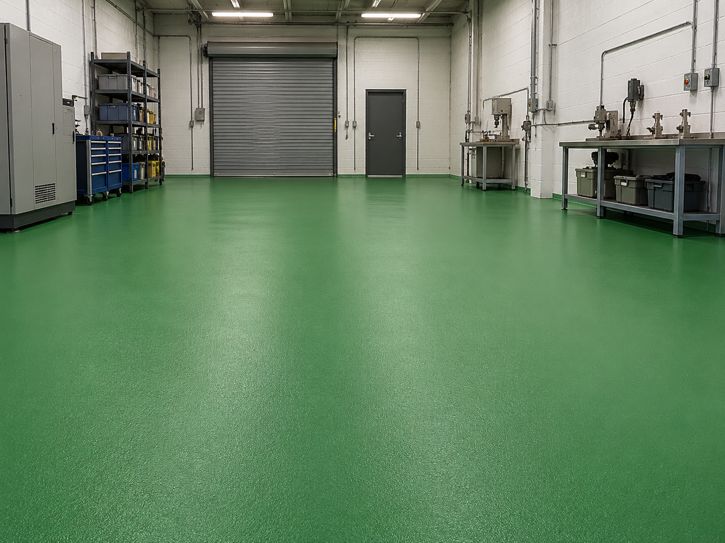 Empty industrial workshop with green epoxy floor, metal shelving units, work benches, and a metal roll-up door.