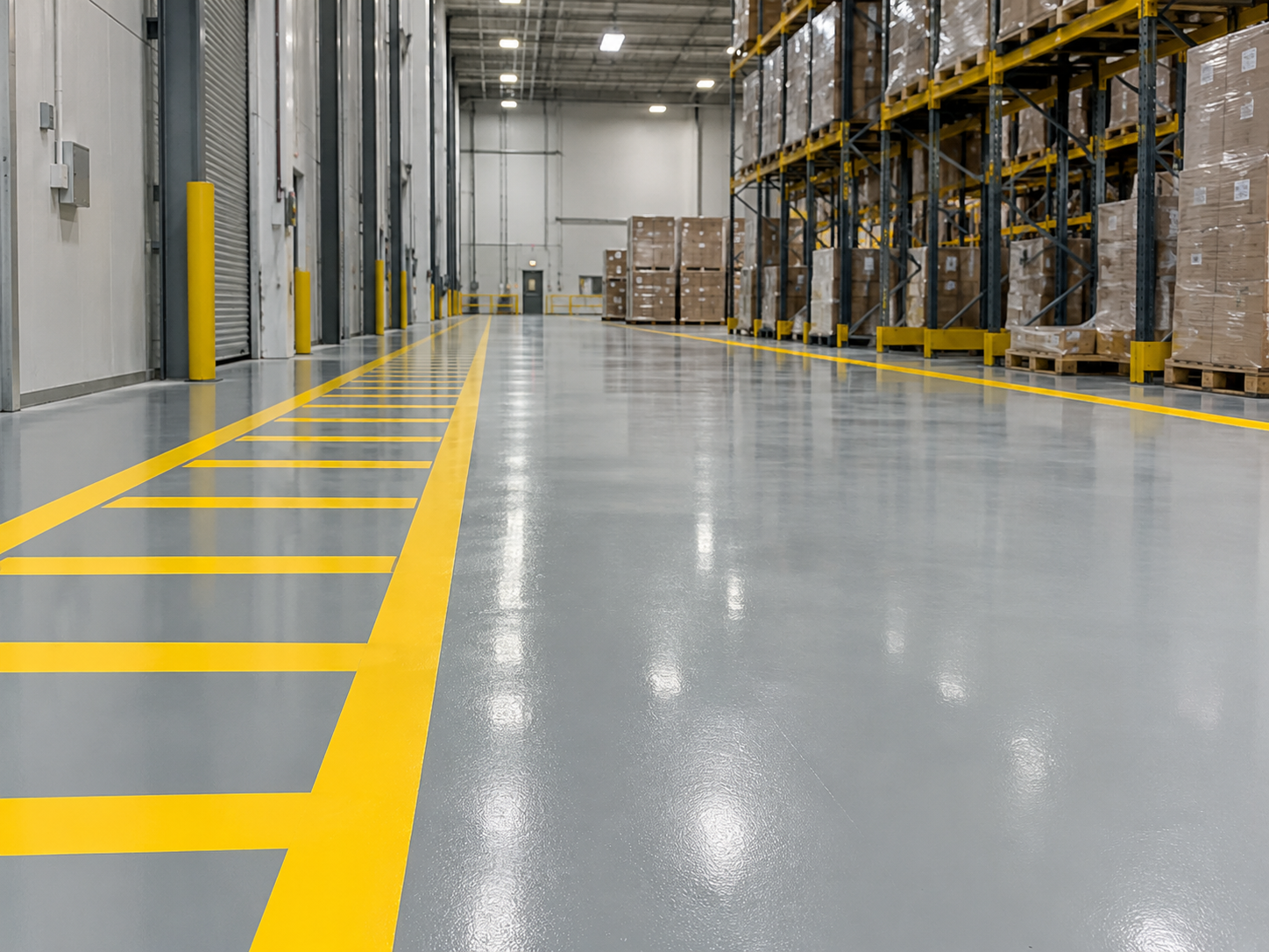 Empty warehouse with yellow safety markings and shelves full of boxes on pallets.
