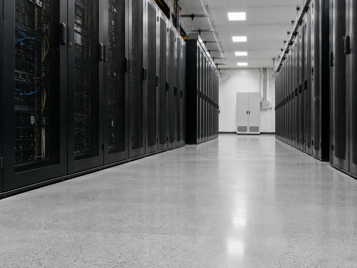 A data center room with black server racks on either side and a white cabinet at the end.