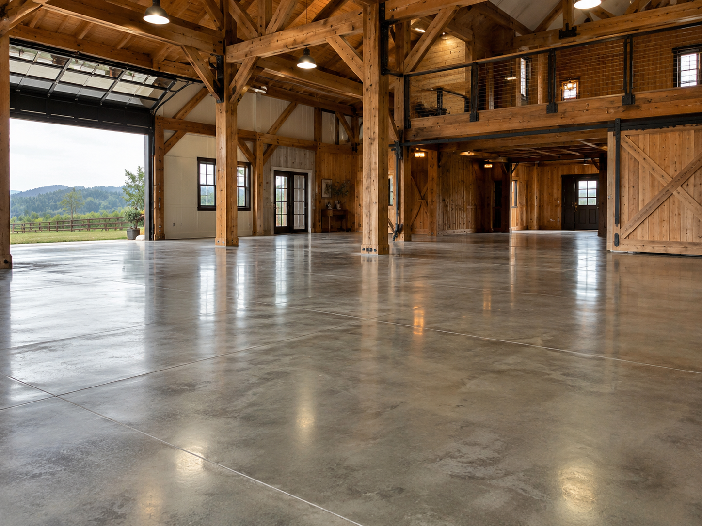 Empty spacious room inside a barn with concrete floor, wooden support beams, and large open garage door showing a green landscape.