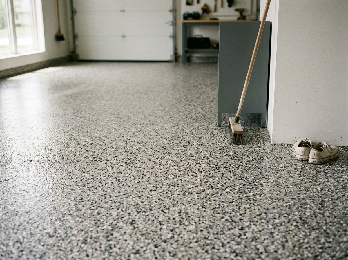 Garage floor with a broom leaning against the wall and a pair of shoes on the floor nearby.