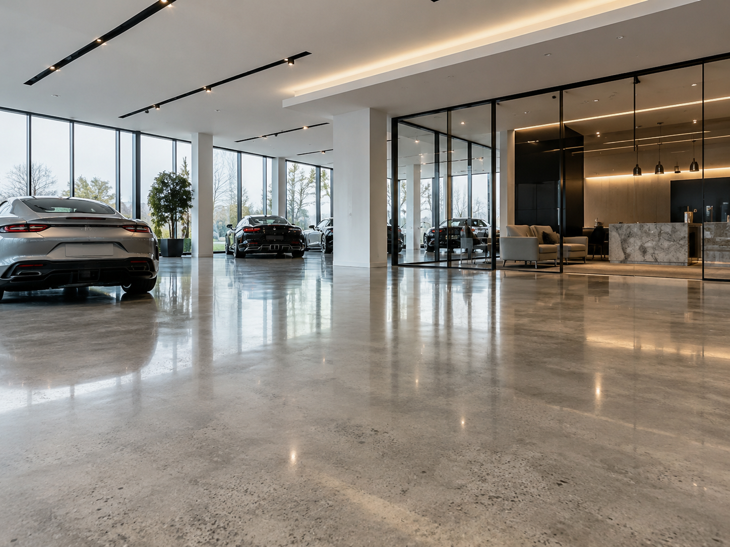 A spacious modern car showroom with several luxury cars on display, large floor-to-ceiling windows, and a sleek reception area with seating.