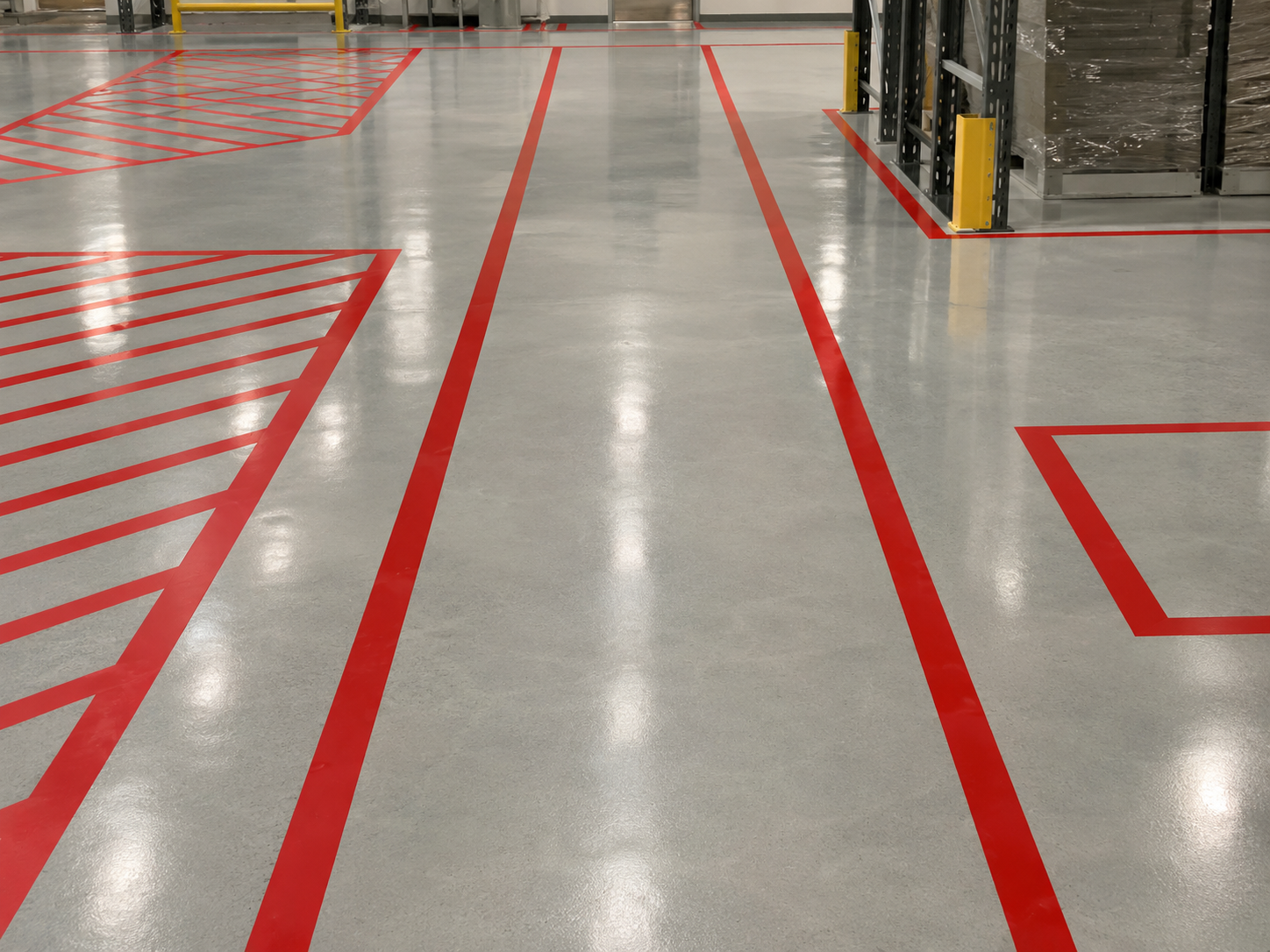 Empty industrial warehouse floor with red safety lines and markings, with storage racks on the right side.