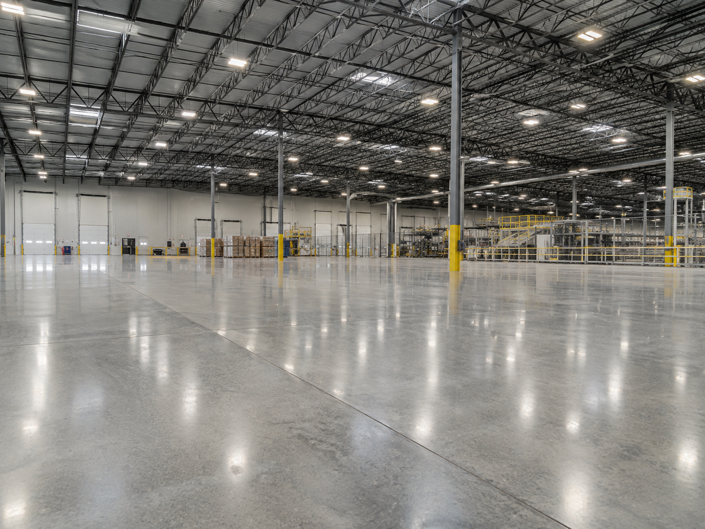 Empty warehouse with polished concrete floors, high ceiling with metal beams, and some stored pallets and industrial equipment in the background.