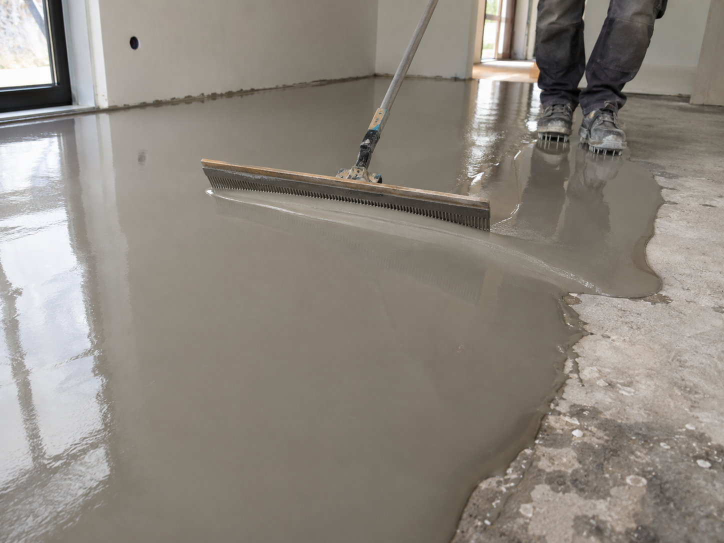 Worker spreading wet concrete on a floor inside a building.