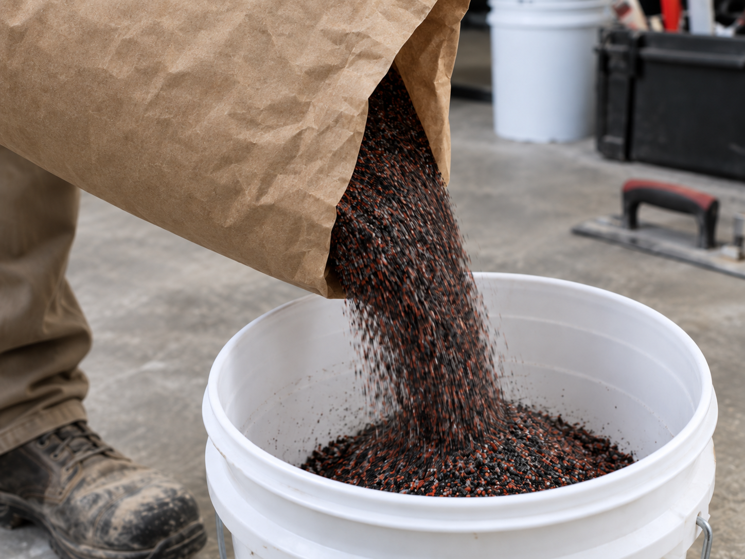Person pouring small black and red sand from a paper bag into a white bucket.