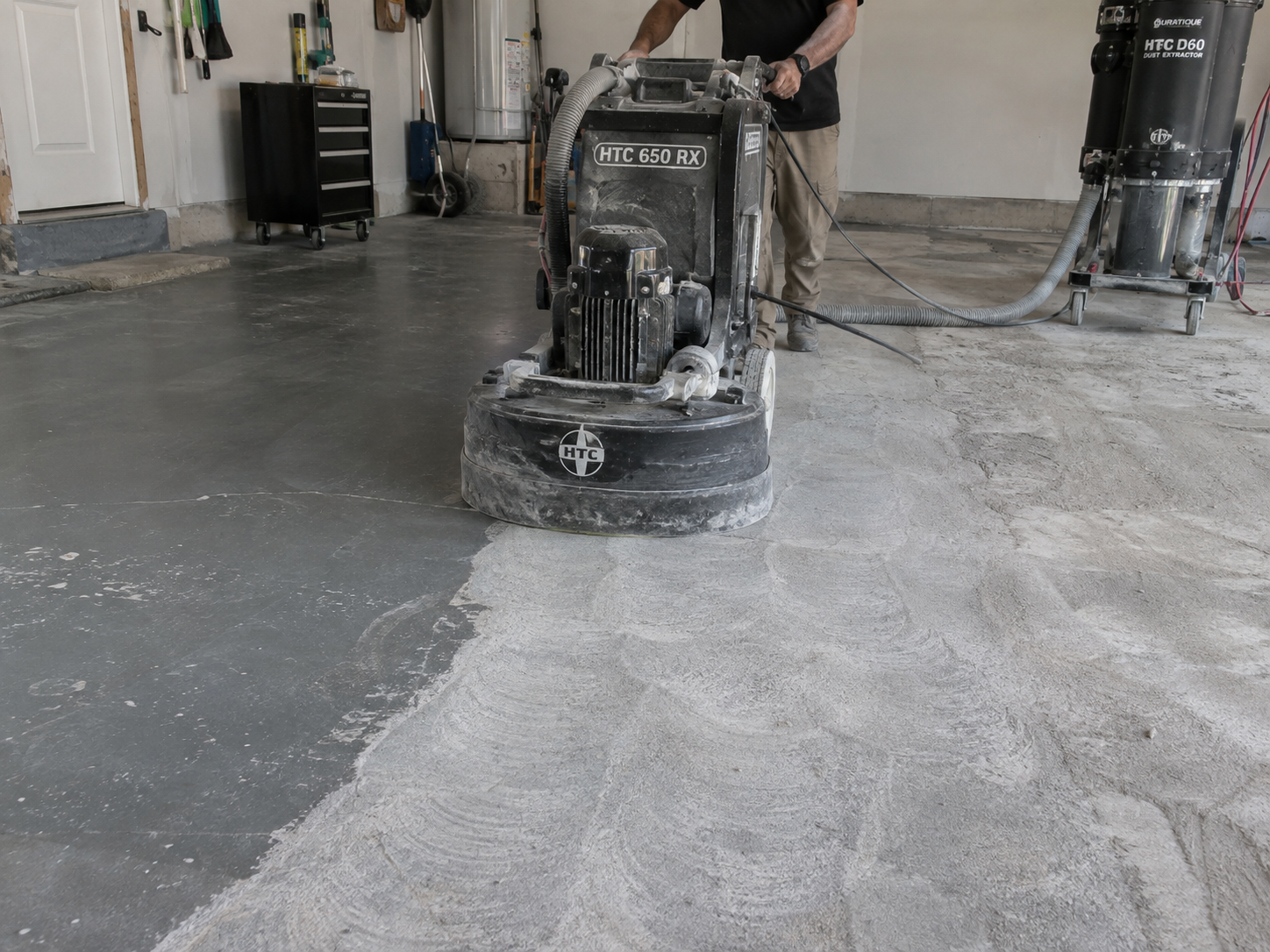 A person operating a floor polishing machine on a concrete garage floor, with some areas already polished and shiny and others still dull and rough.