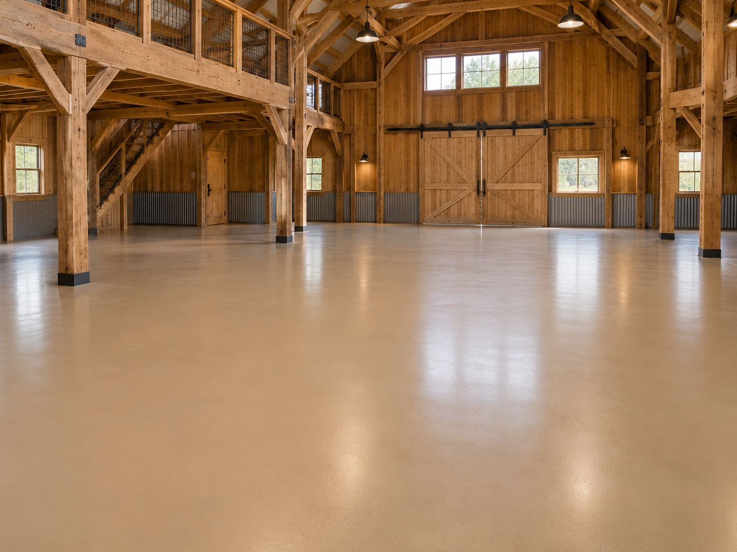 Empty rustic barn interior with wooden walls, beams, large double doors, multiple windows, and polished concrete floor.