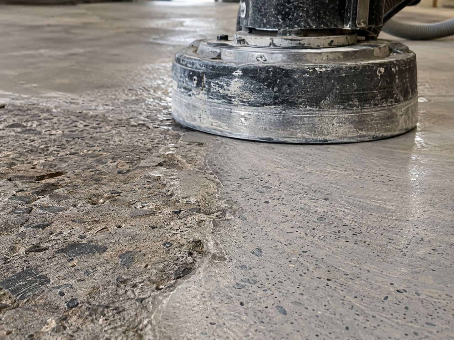 Close-up of a floor polishing machine smoothing a concrete floor with a textured section on the left and a smoother section on the right.