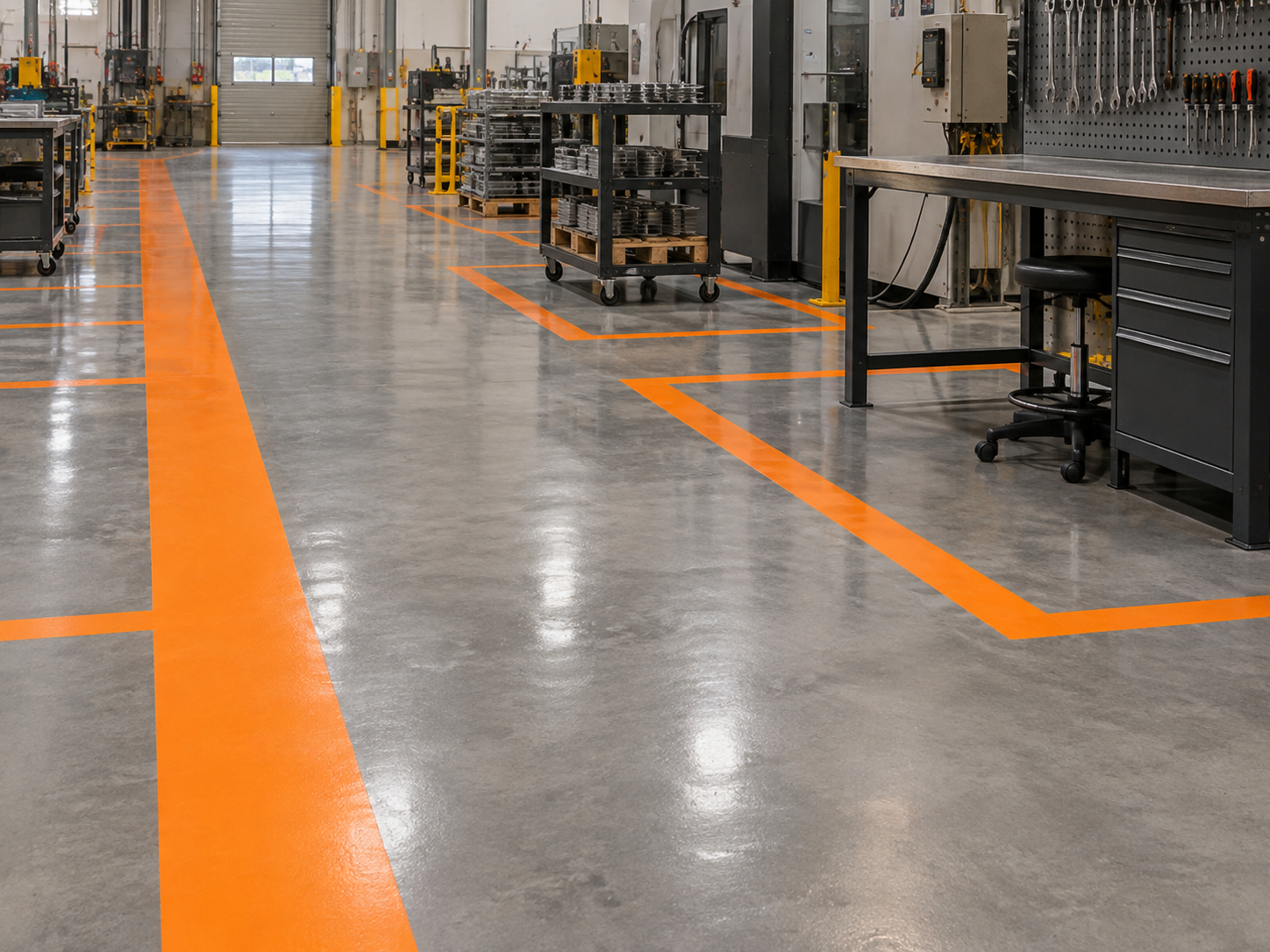 Clean industrial workshop with orange safety lines on the concrete floor, workbenches, tools, and equipment along the walls.
