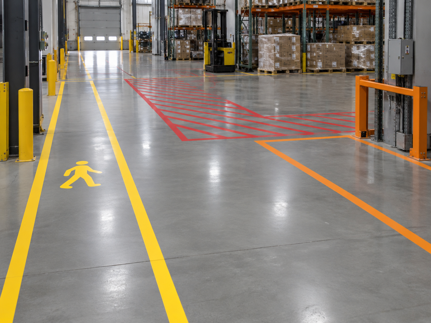 Empty warehouse with yellow pedestrian walkway, red marked areas, and shelves stacked with boxes in the background.