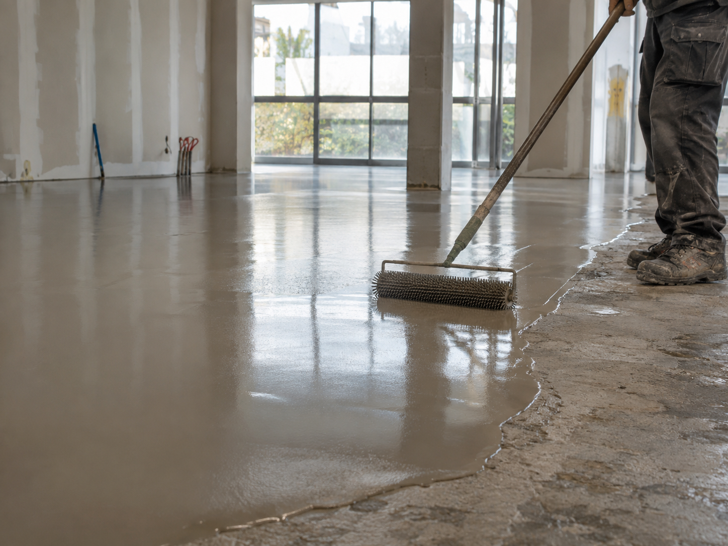 A construction worker pouring a fresh concrete slab and leveling it with a screed in an unfinished building.
